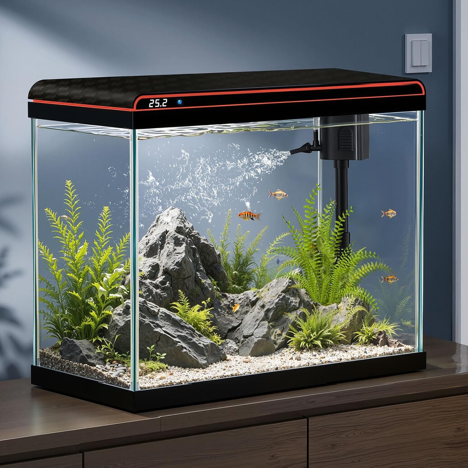 20 Gallon Glass Fish Tank, Betta Smart Aquarium Kit, Large Aquarium Starter Kits Self Cleaning with 3 Types of LED Lights and Filter Water Pump, Water Temperature Detection Ultra Quiet Gift for Kid