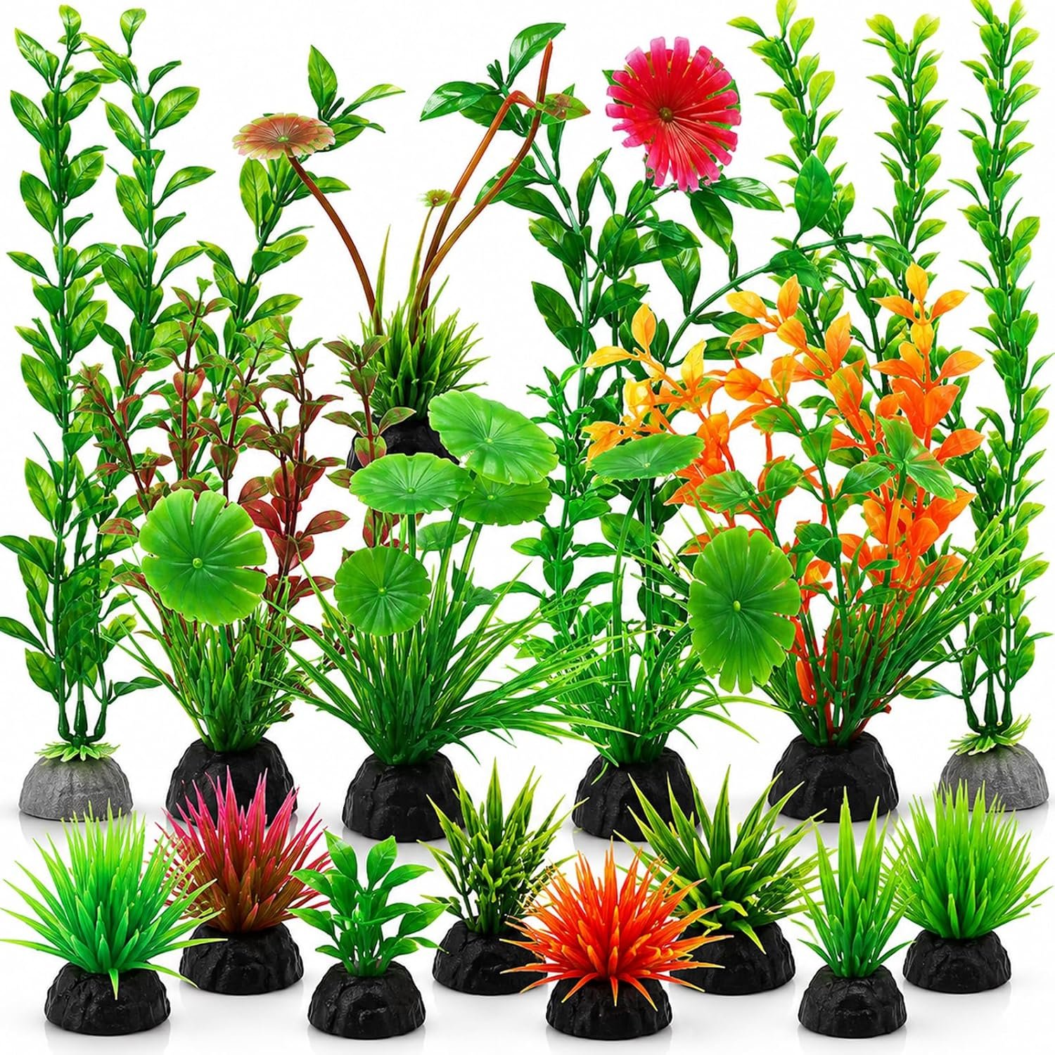 16-Piece Artificial Aquarium Plants Set – Vibrant, Realistic Fish Tank Decorations for Aquariums, Reptile Terrariums, and Aquatic Landscapes