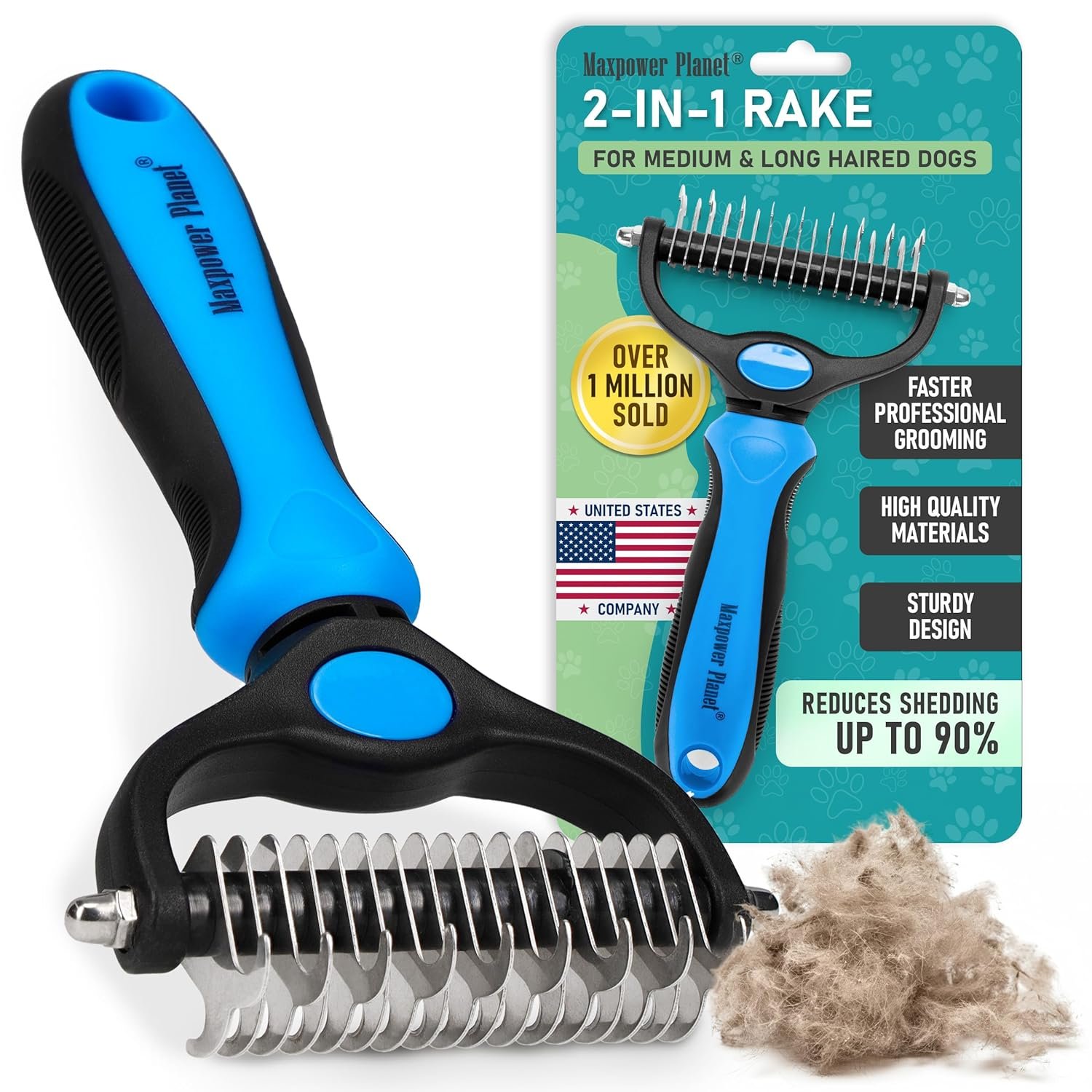 Maxpower Planet Dog Grooming Rake, Deshedding Undercoat Brush, Dogs & Cats | Blue Deshedding & Dematting, Extra-Wide Double-Sided Comb, Long-Haired Coats, Reduces Shedding, Original Design