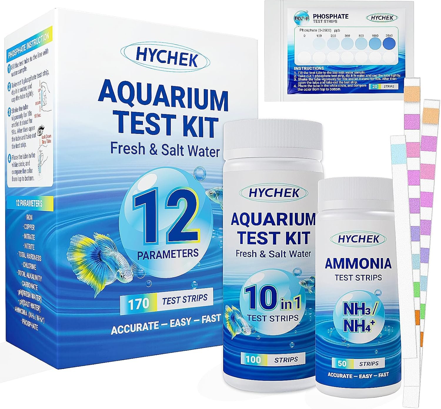 12 in 1 Accurate Aquarium Test Kit, Fresh and Salt Water Test Strips | 170 Strips, Fish Tank Aquariums Water Test Kit, Easy Fast Test Way, Multiple Uses, Includes Ammonia Phosphate Strips and More