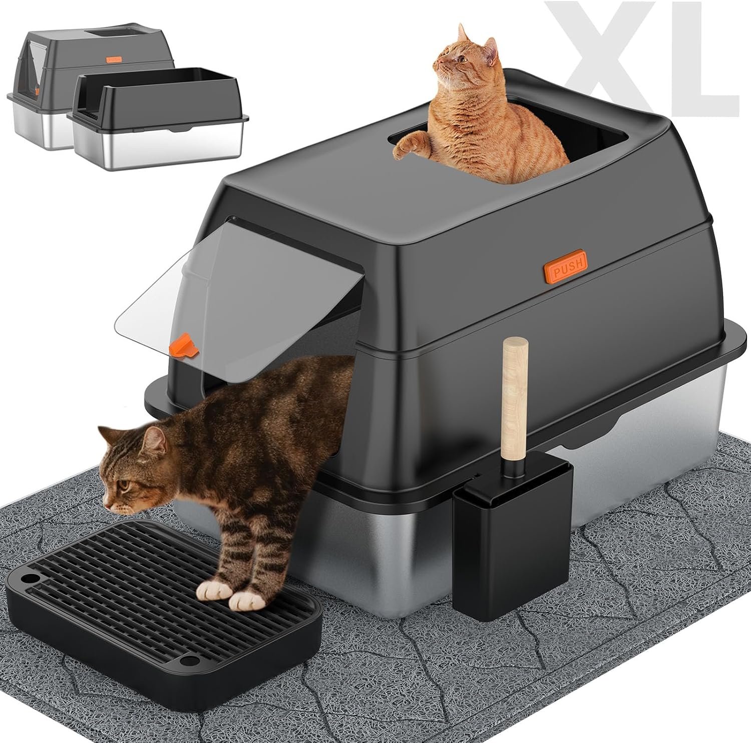 Lobeve Extra Large Stainless Steel Litter Box with Lid, Easy-Clean Pan | Enclosed Litter Box with Leak-Resistant Design, High Sides, Front Entry and Top Exit; Odor Control, Scoop and Mat Included