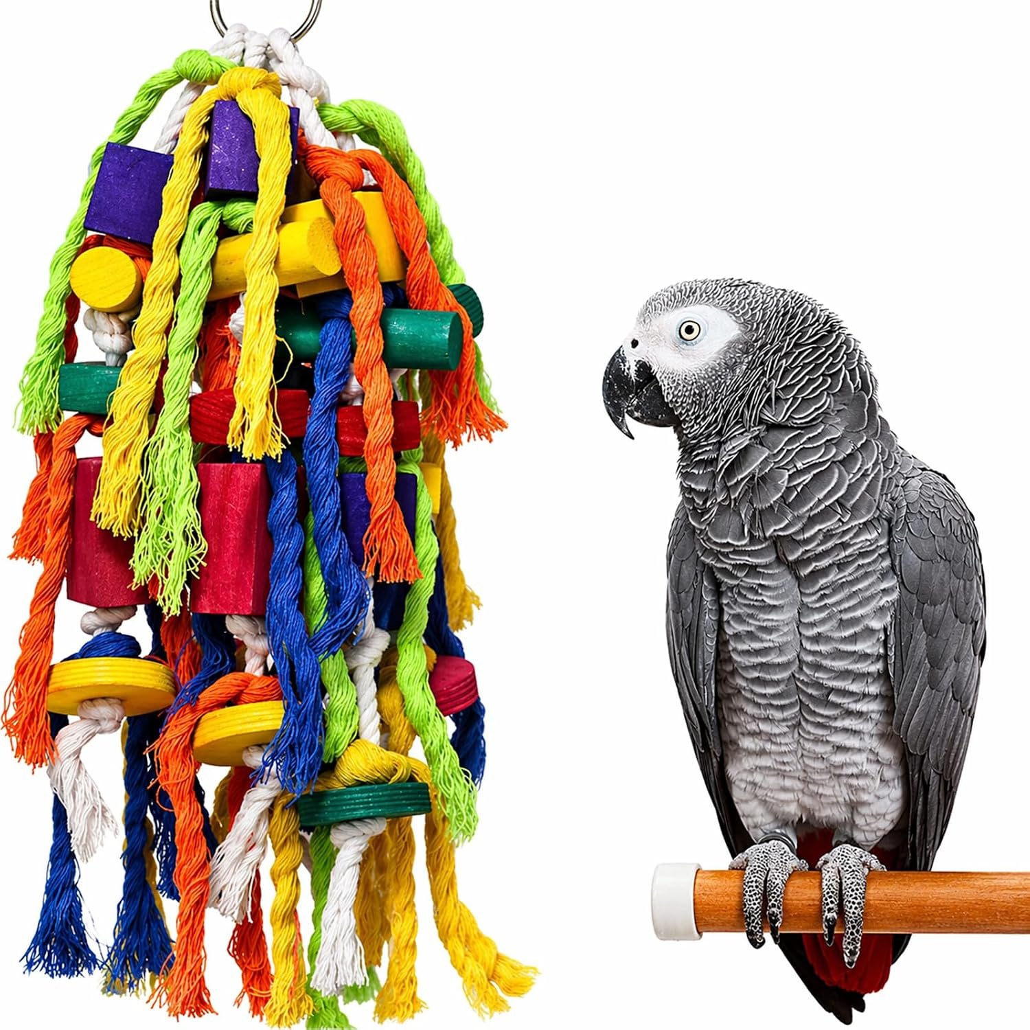 Rypet Parrot Toys Large Bird Toys, Wood Rope Cage Bite Toy for Cockatiels | Bird Toys for Parrots Rope, Natural Wood Chew Blocks, Cotton Knots for Tearing, Cage Hanging Play, Conures Cockatiels Amazon