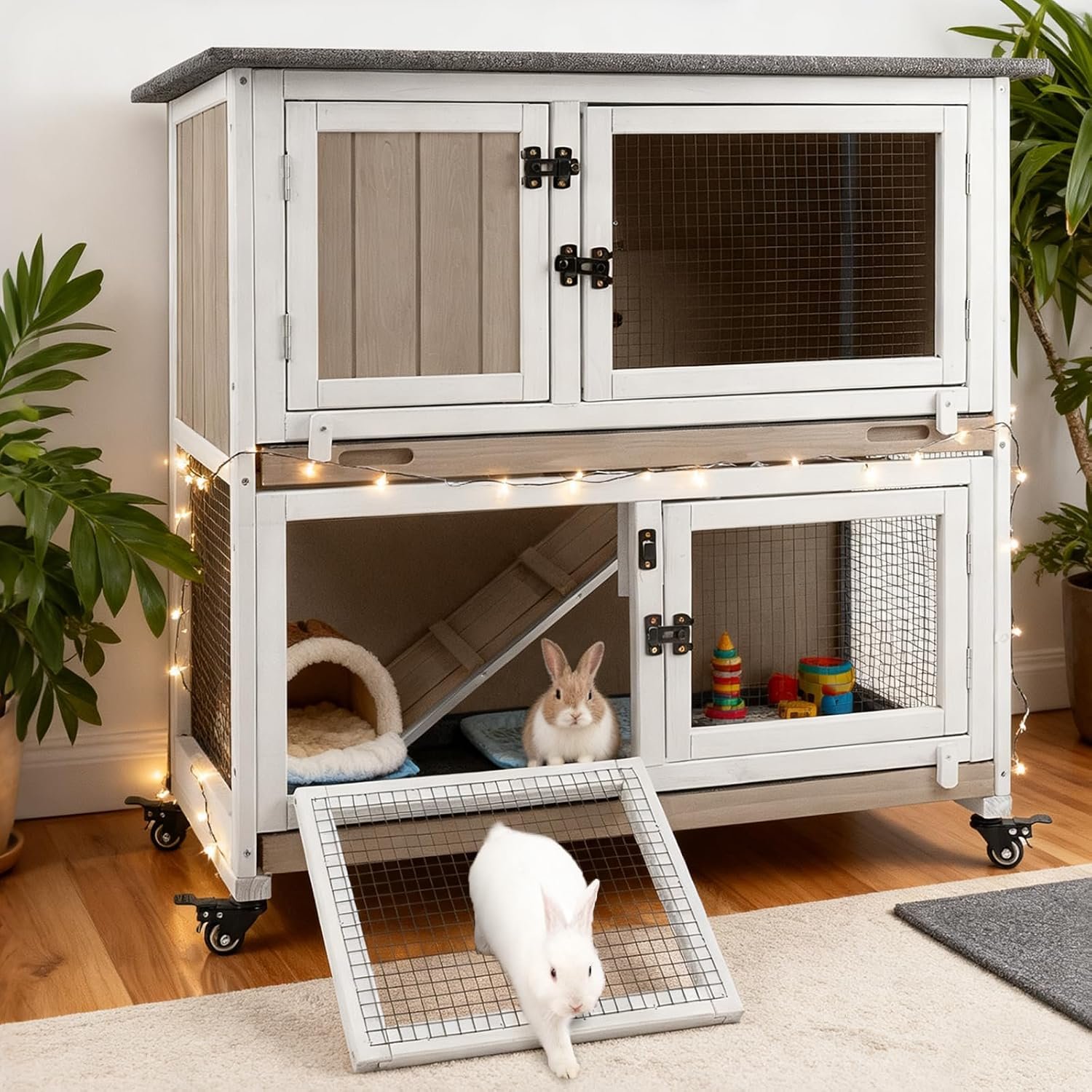 Gowoodhut 36″ L Rabbit Hutch Indoor Wooden 2 Story Bunny Hutch Rabbit Cage Outdoor Bunny Cage on 4 Metal Wheels and 2 Deeper Pull Out Trays, Ramp, Guinea Pig Pet House for Small Animals, Grey