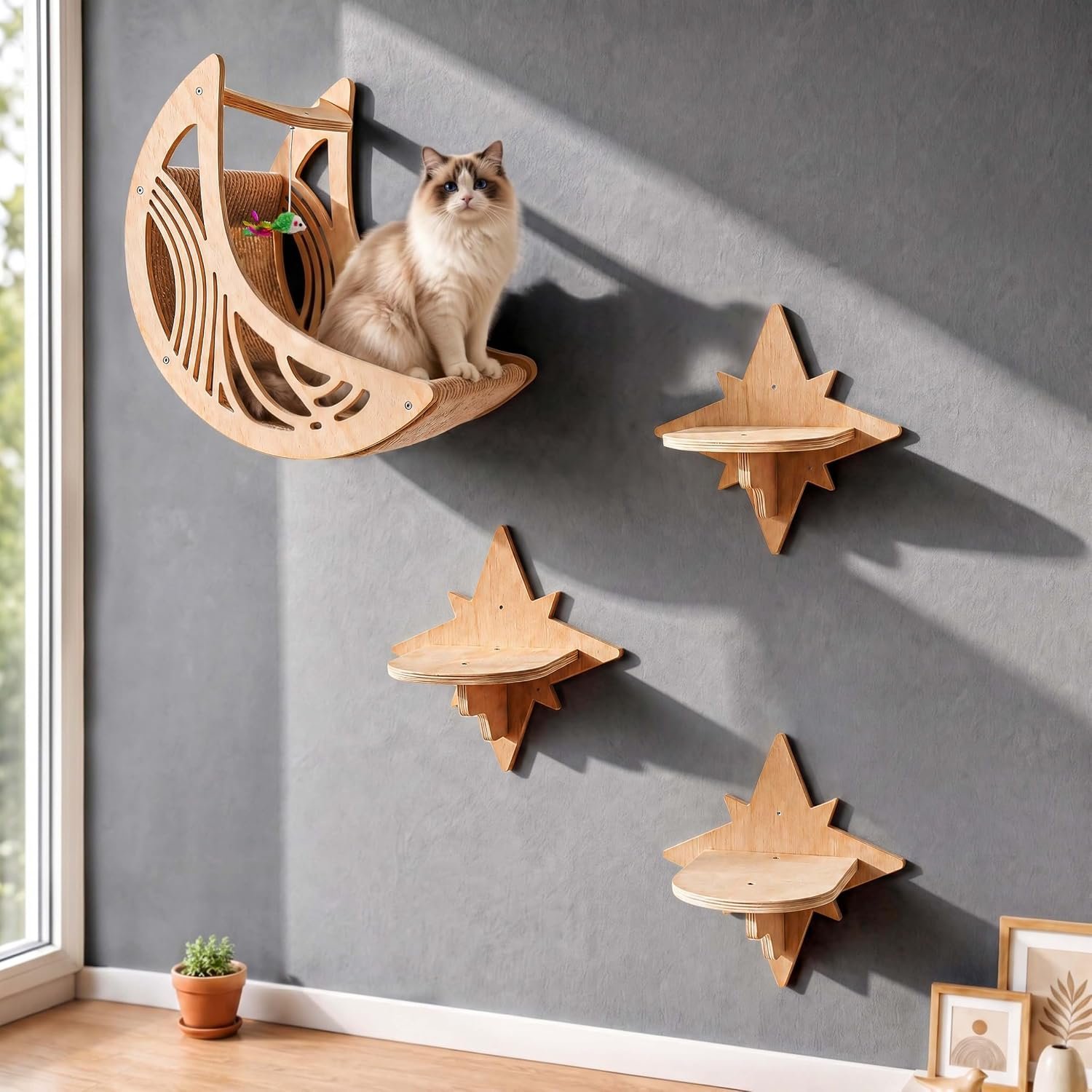 Moon & Star Cat Wall Shelves, Modern Wooden Cat Furniture with Decorative Cutouts, Space-Saving Cat Climbing System & Floating Perch for Indoor Cats
