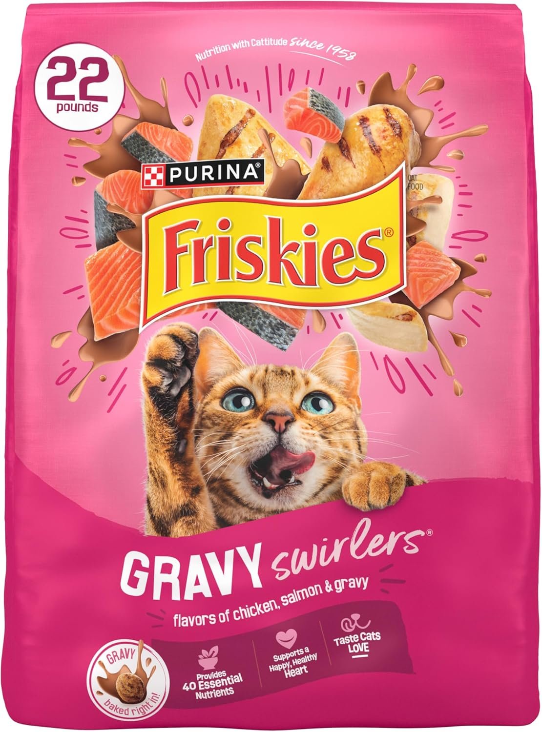 Purina Friskies Gravy Swirlers with Flavors of Chicken, Salmon and Gravy Dry Cat Food – 22 lb. Bag