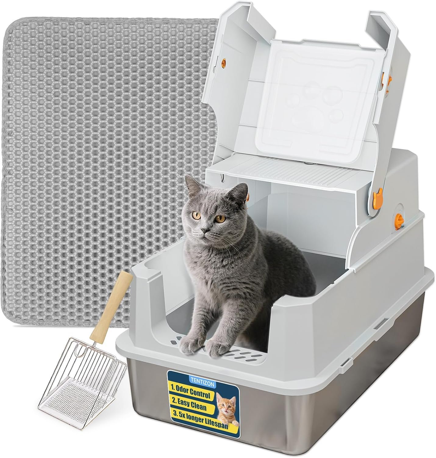 TENTIZON Stainless Steel Cat Litter Box with Lid, Large Covered Enclosed Kitty Litterbox with Hood, Flip Top, High Side, Litter Mat, Scoop for Big Cats, Kitten, No Odor, No Mess, Easy Clean, Grey