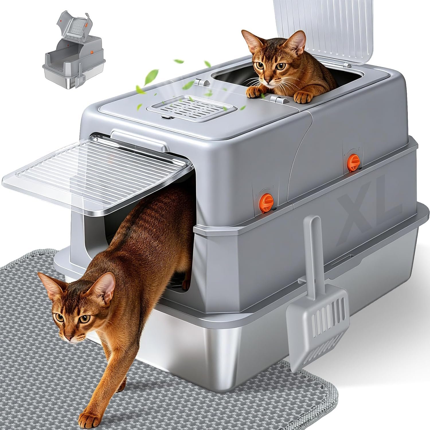 Enclosed Stainless Steel Litter Box, XL Covered MetalPan Includes Mat Scoop | Easy Cleaning Anti-Urine Leakage Non-Sticky Front Entry Top Exit