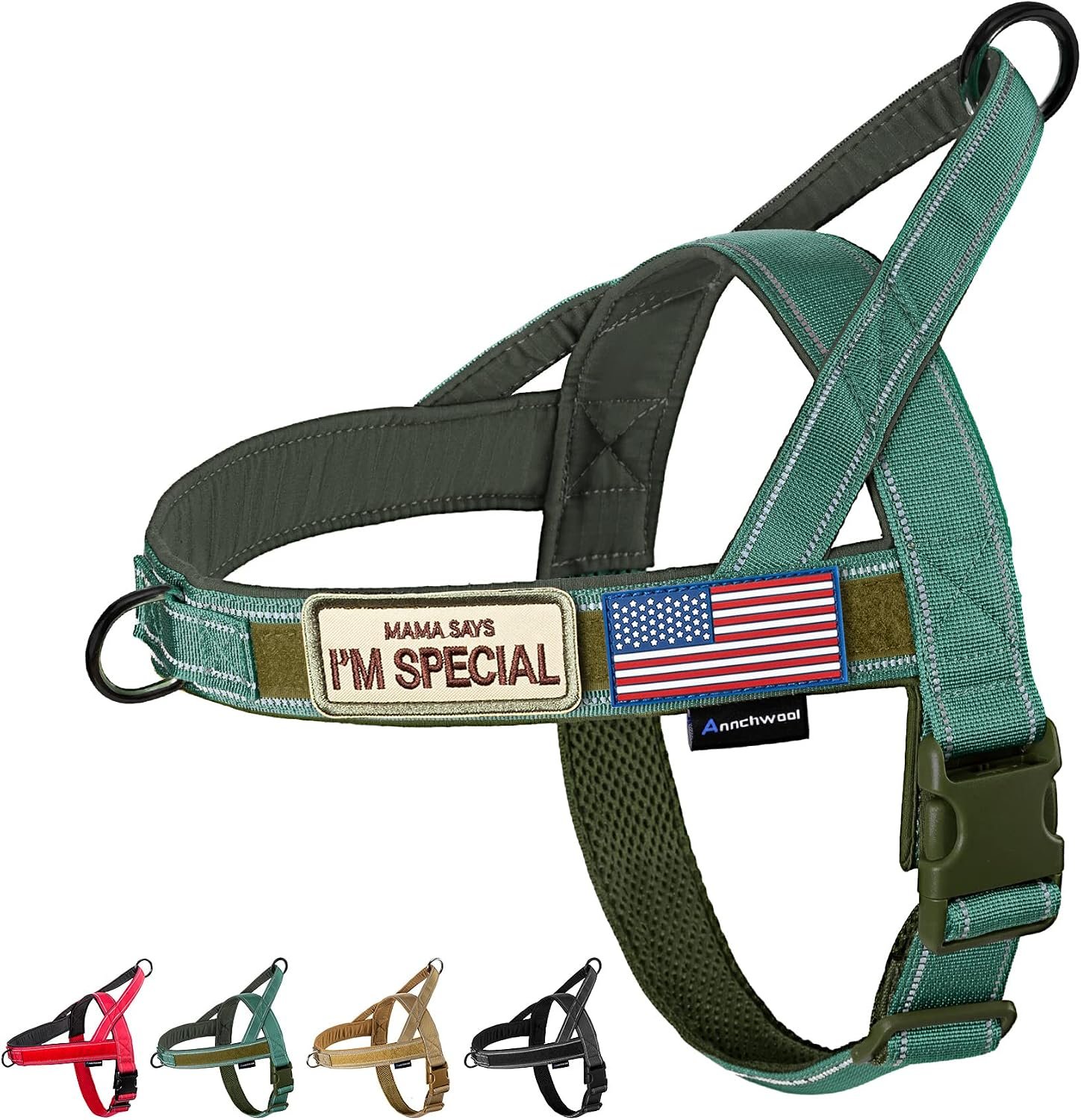 Annchwool No Pull Dog Harness with Soft Padded Handle,Reflective Strip Escape Proof and Quick Fit to Adjust Harness,Easy for Training Walking for Small & Medium and Large Dogs(Green,L)