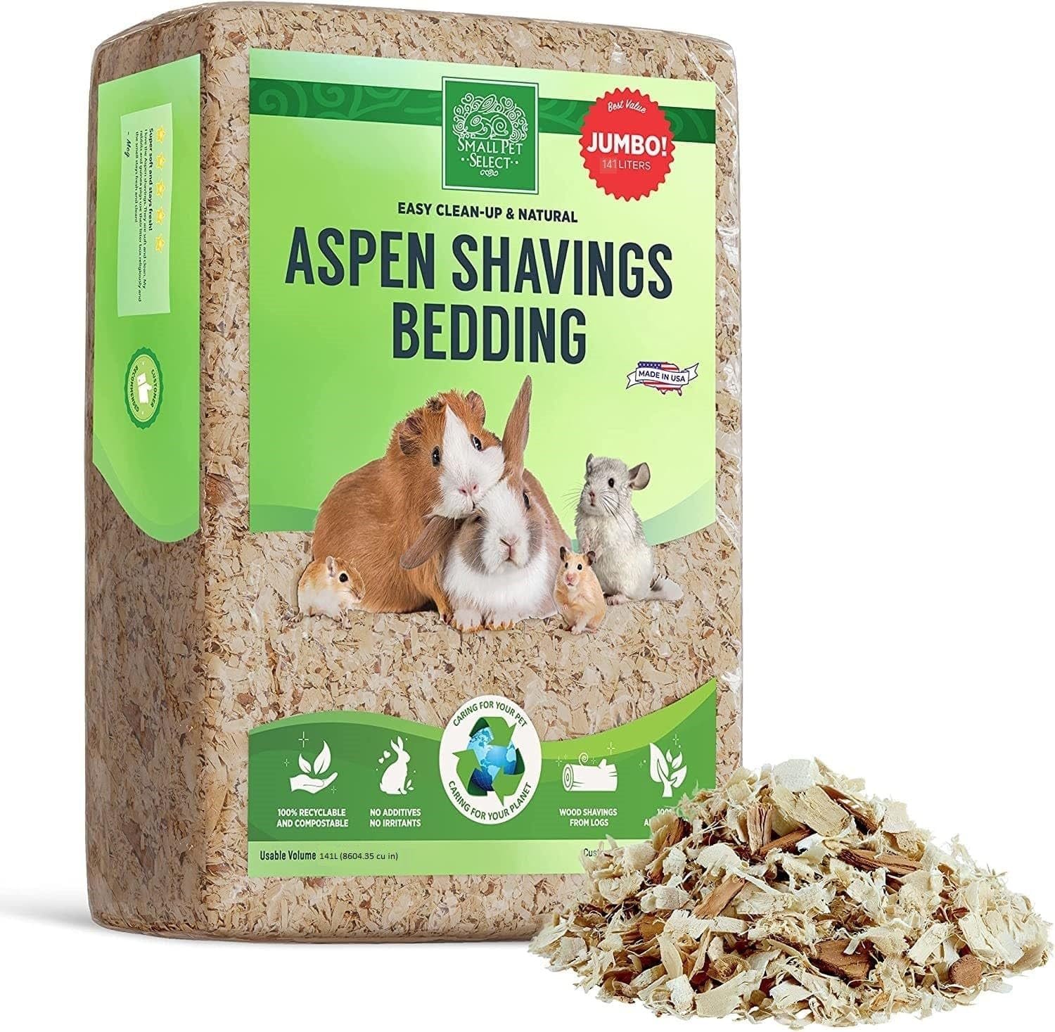 Small Pet Select Premium Natural Aspen Bedding, Animal Bedding for Small Indoor and Outdoor Pets, Made in the USA, Jumbo Size 141 L Pack | Natural Wood Bedding, Low Dust, Odor Control, Made in USA, For Indoor & Outdoor Rabbits, Hamsters & Small Pets