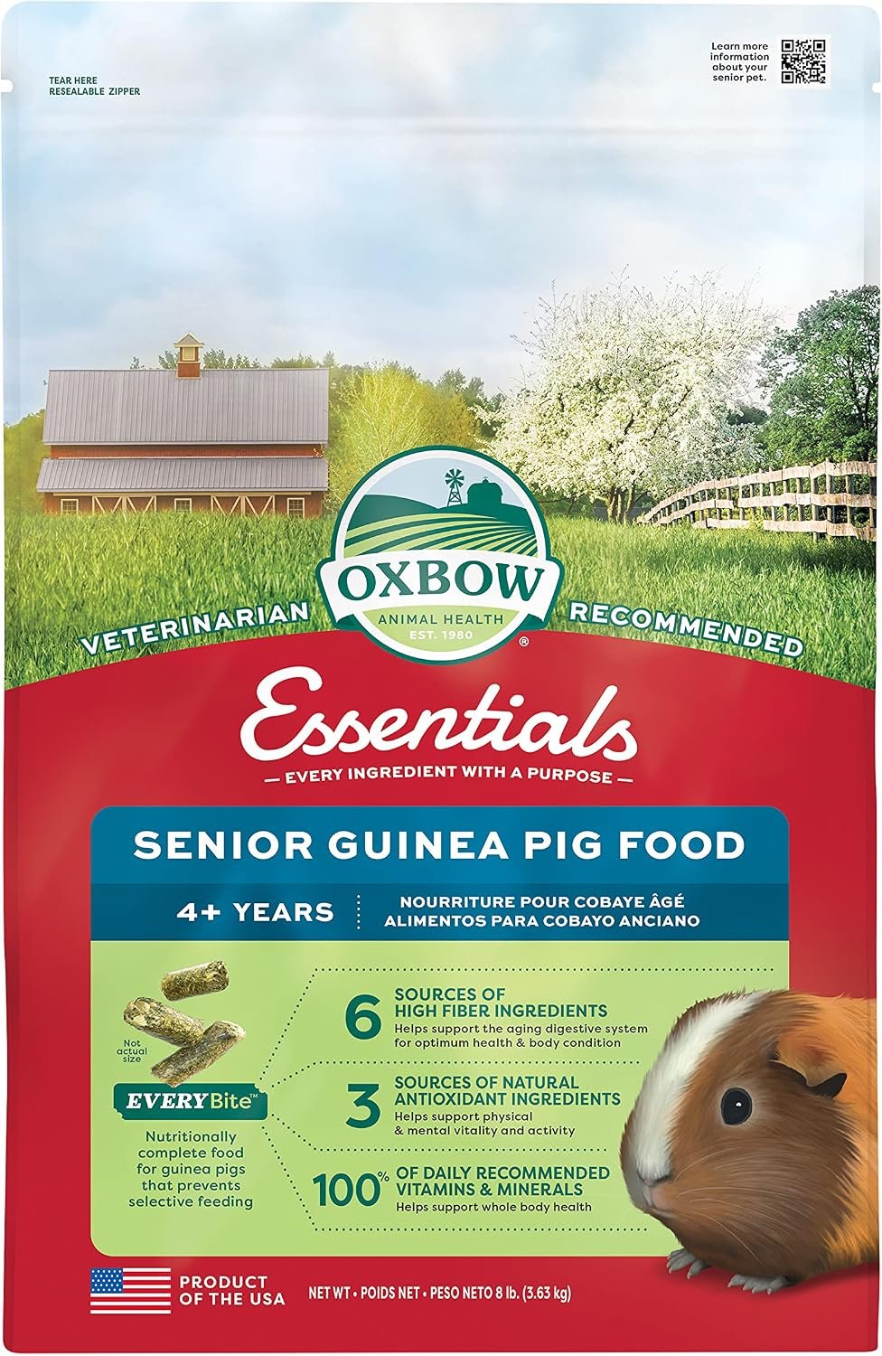 Oxbow Essentials Senior Guinea Pig Food, Uniform Guinea Pig Pellets, 8 lb | High Fiber Guinea Pig Food With Stabilized Vitamin C, Alfalfa Hay, Calcium And Protein For Growth & Development, Made in USA