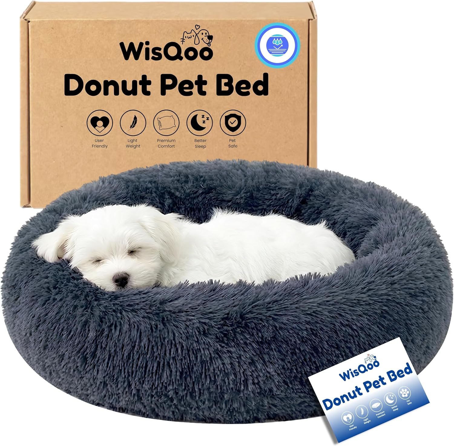 Calming Donut Dog Bed – Faux Fur Anti-Anxiety Pet Bed with Removable Washable Cover & Water-Resistant Liner – Plush Fluffy Round Nest, Non-Slip Bottom for Dogs & Cats – Dark Grey, Medium