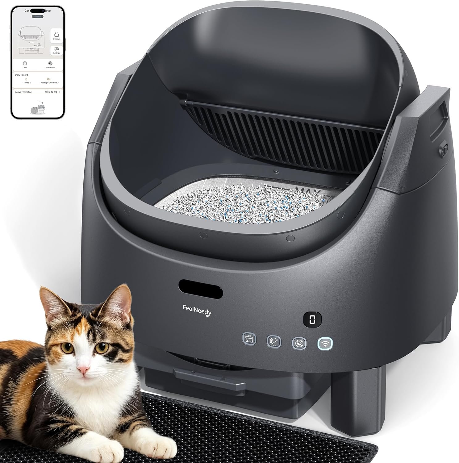 Automatic Litter Box Self Cleaning, FeelNeedy Open-Top Smart Cat Litter Box with App Control, Odor-Control Safety Sensor Design for 1-3 Cats, Includes Waste Bags