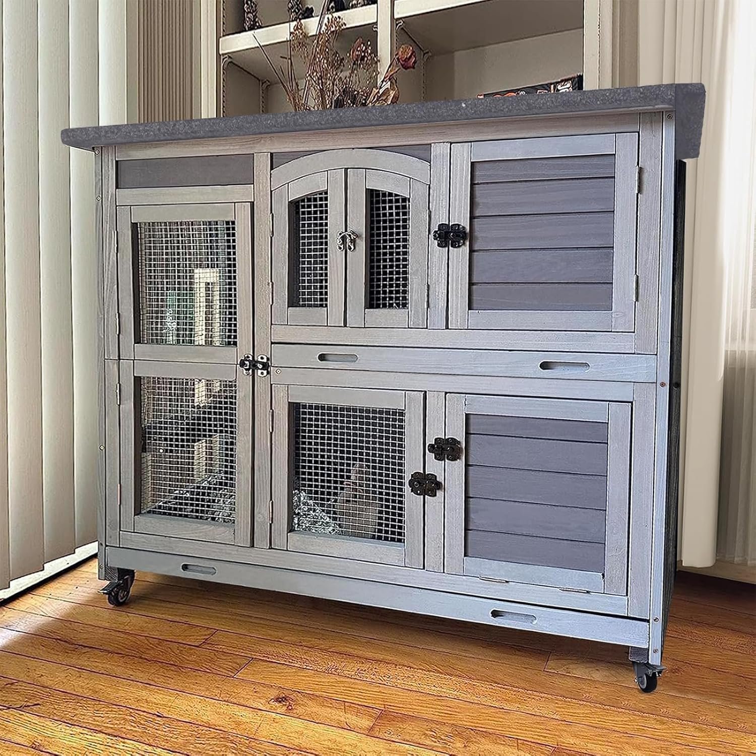 GUTINNEEN Rabbit Hutch Indoor Outdoor Bunny House Guinea Pig Cage on Wheel with Plastic Tray