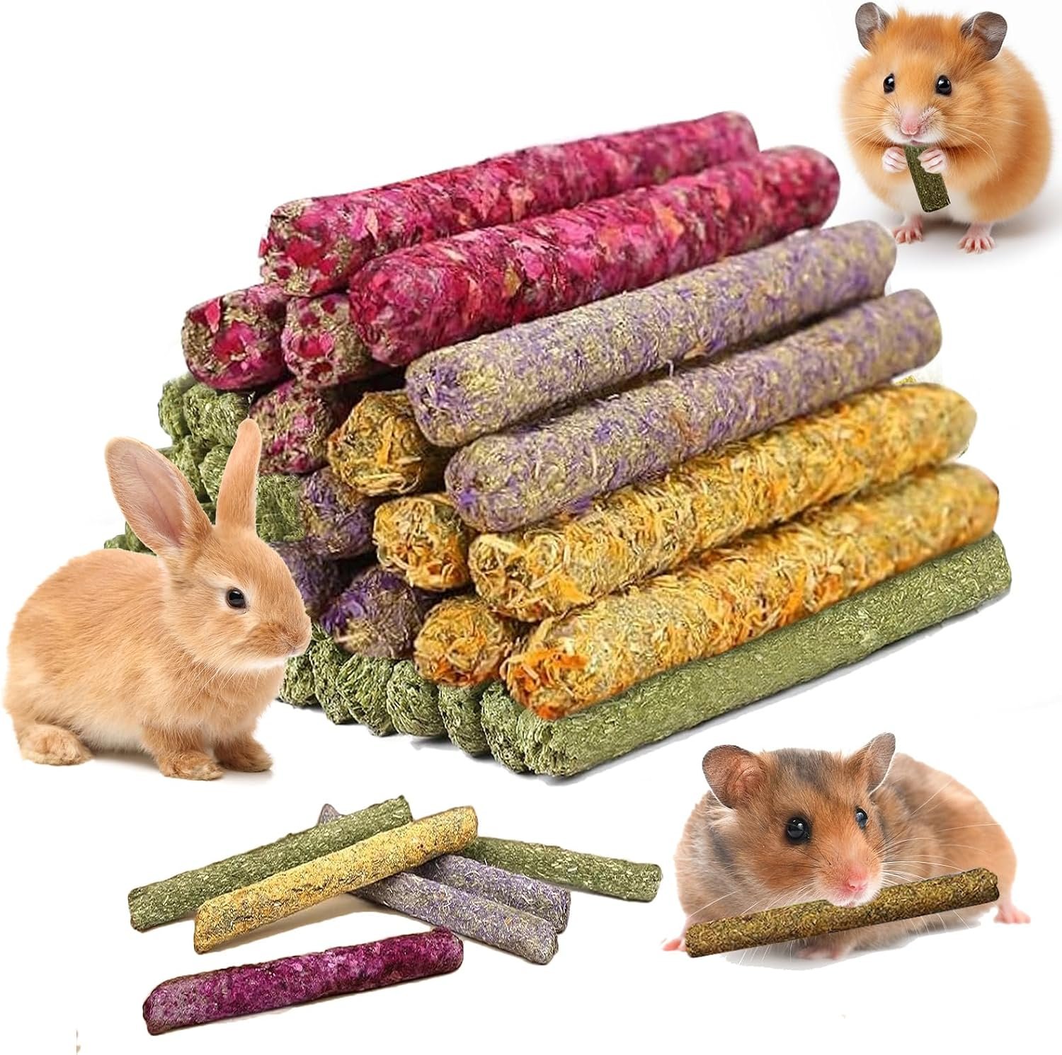 Jorewood 33 Pcs Rabbit Chew Sticks, Rabbit, Guinea Pig Toys, Natural Timothy Grass Molar Teeth Stick, Mixing Flowers Chewing Toy, Small Animals Treats