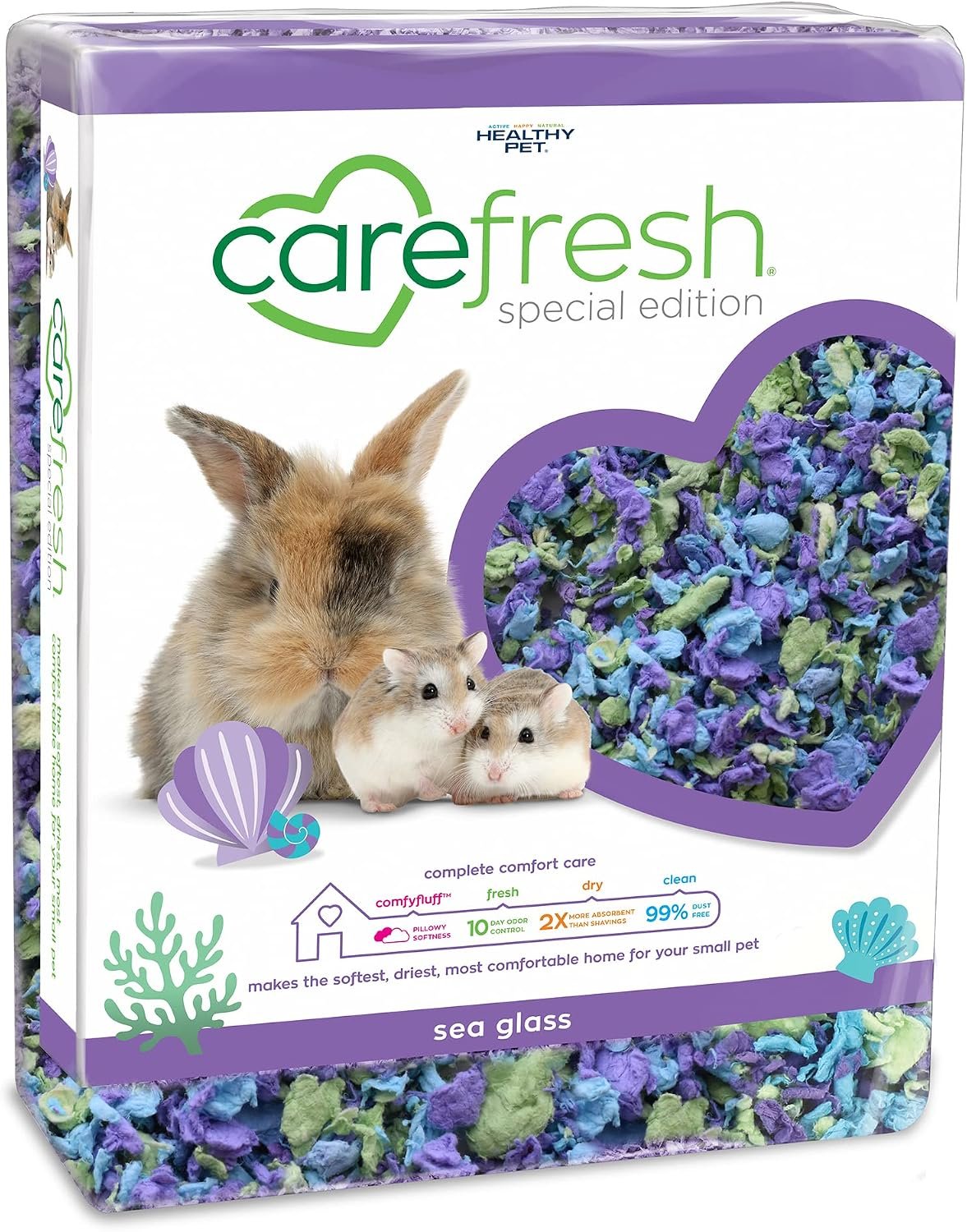 Carefresh Sea Glass Natural Paper Small Pet Bedding, Odor Control 50L | 2X more absorbent, 99% dust free, odor control, Biodegradable and compostable, For hamsters, rabbits and guinea pigs