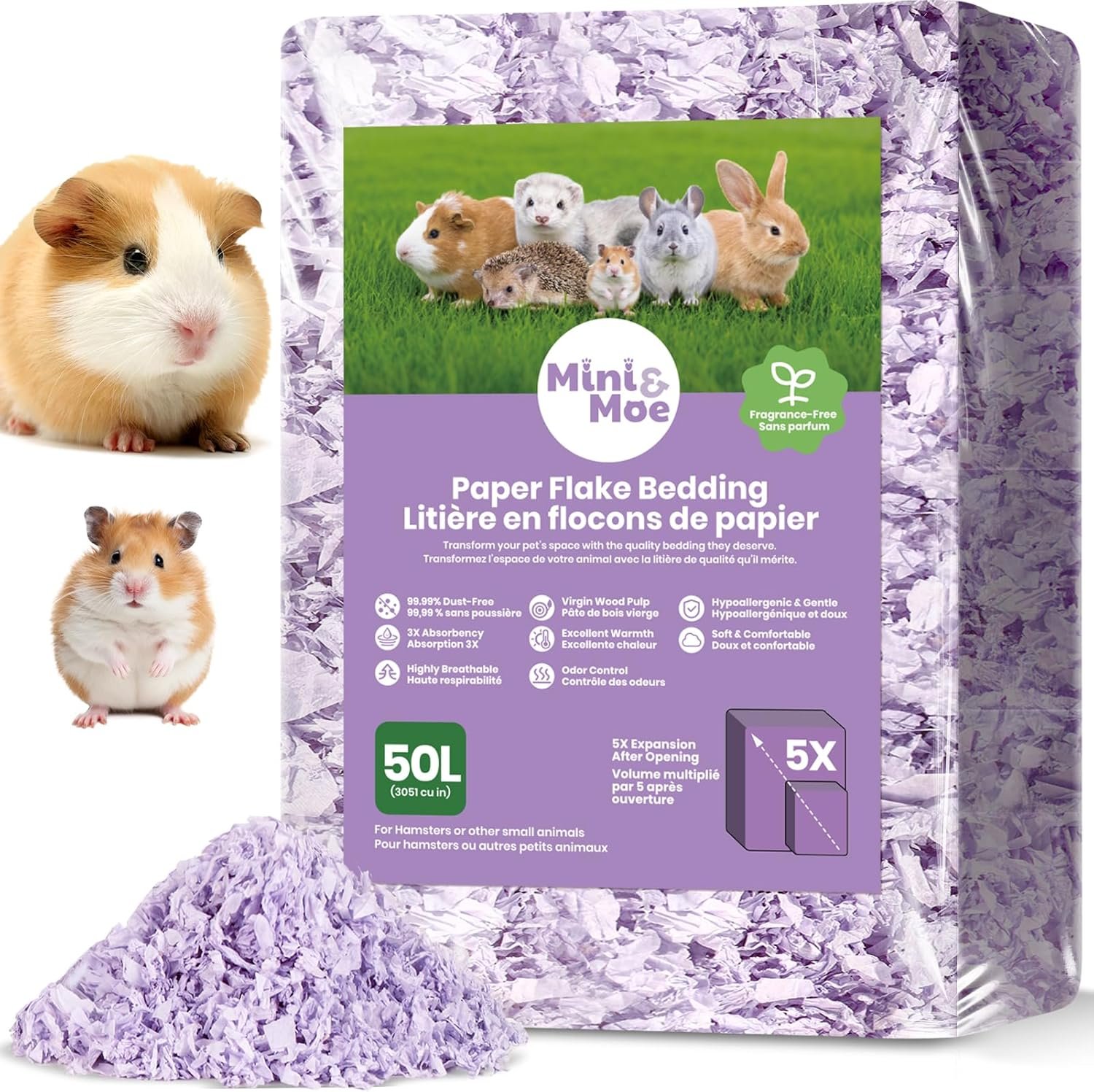 Hamster Bedding 50L Guinea Pig Paper Bedding Odor Control 99% Dust-Free | Small Pet Bedding Natural Paper Expands 5X Soft Dust-Free Unscented Support Burrowing, Nesting, Easier Daily Cage Care