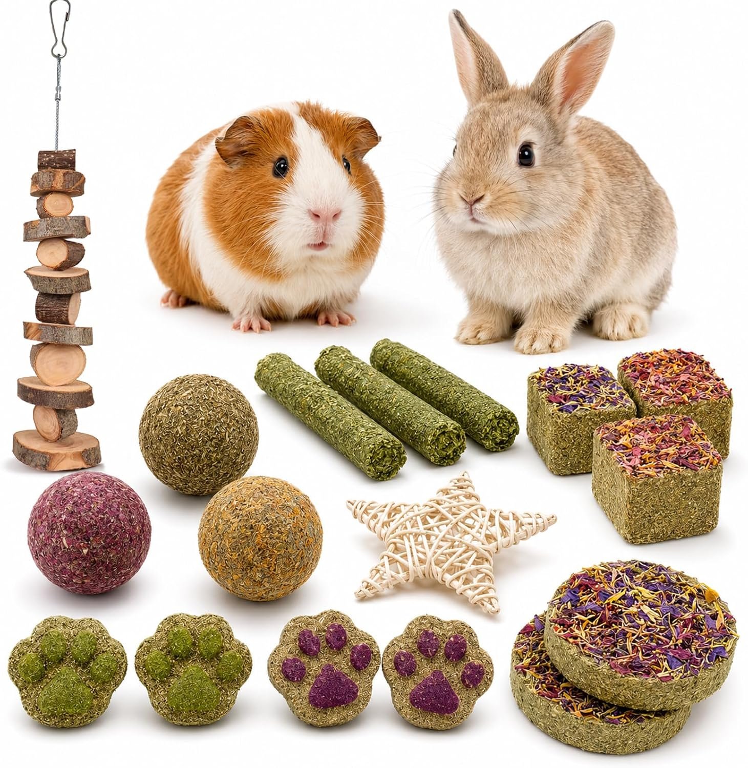 Grddaef Rabbit Toys, Guinea Pig Toys 17Pcs Natural Timothy Hay Bunny Chews and Treats for Hamster Chinchilla Gerbil