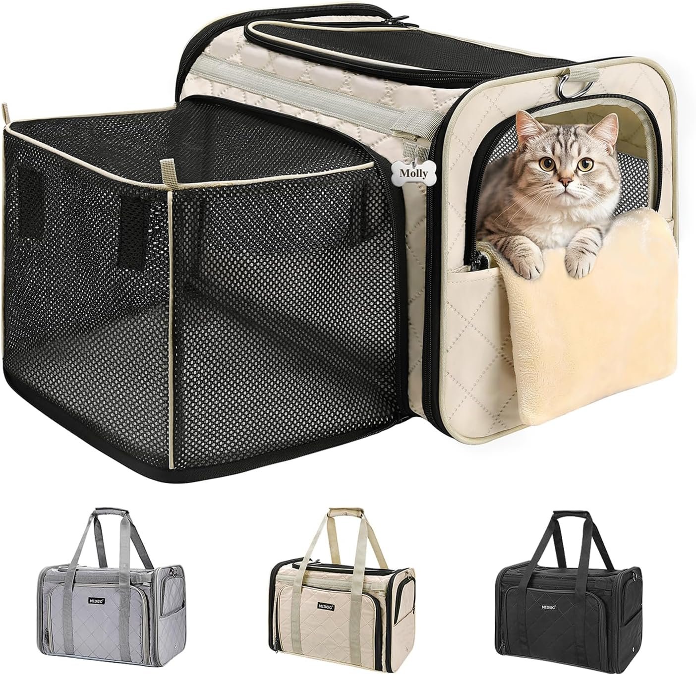 MIDOG Cat Carrier Soft for Small-Medium Cats Up to 15lbs, Airline Approved | Expandable Square Design,Comfort & Breathable Window,Equipped with anti-slip lock zippers and an internal safety leash