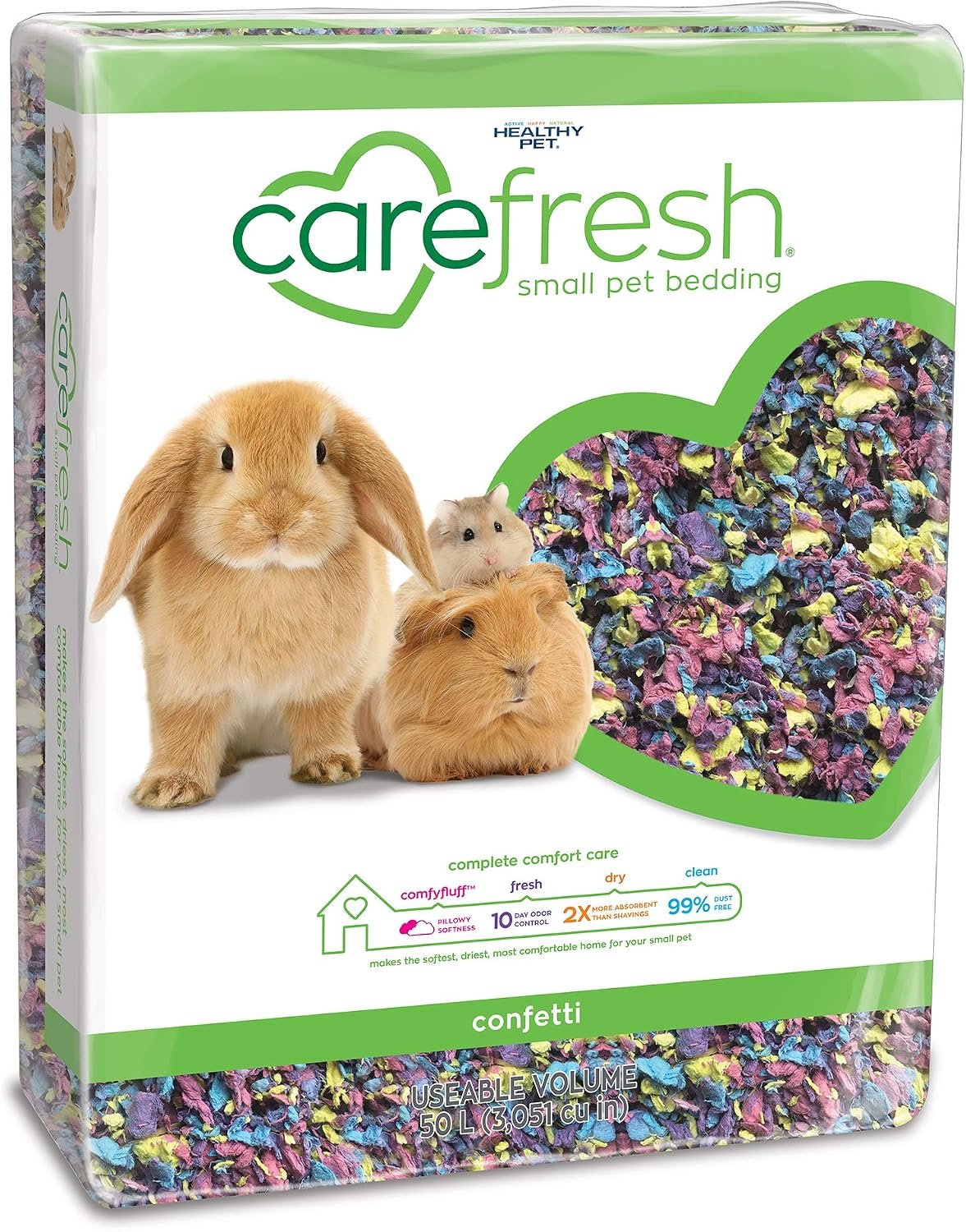 Carefresh Confetti Small Pet Bedding, 99% Dust-Free Natural Paper with Superior 10 Day Odor Control & Absorption for Guinea Pigs, Hamsters, 50L, (Pack May Vary) (L0410) | 2X more absorbent, 99% dust free, odor control, Biodegradable and compostable, For hamsters, rabbits and guinea pigs