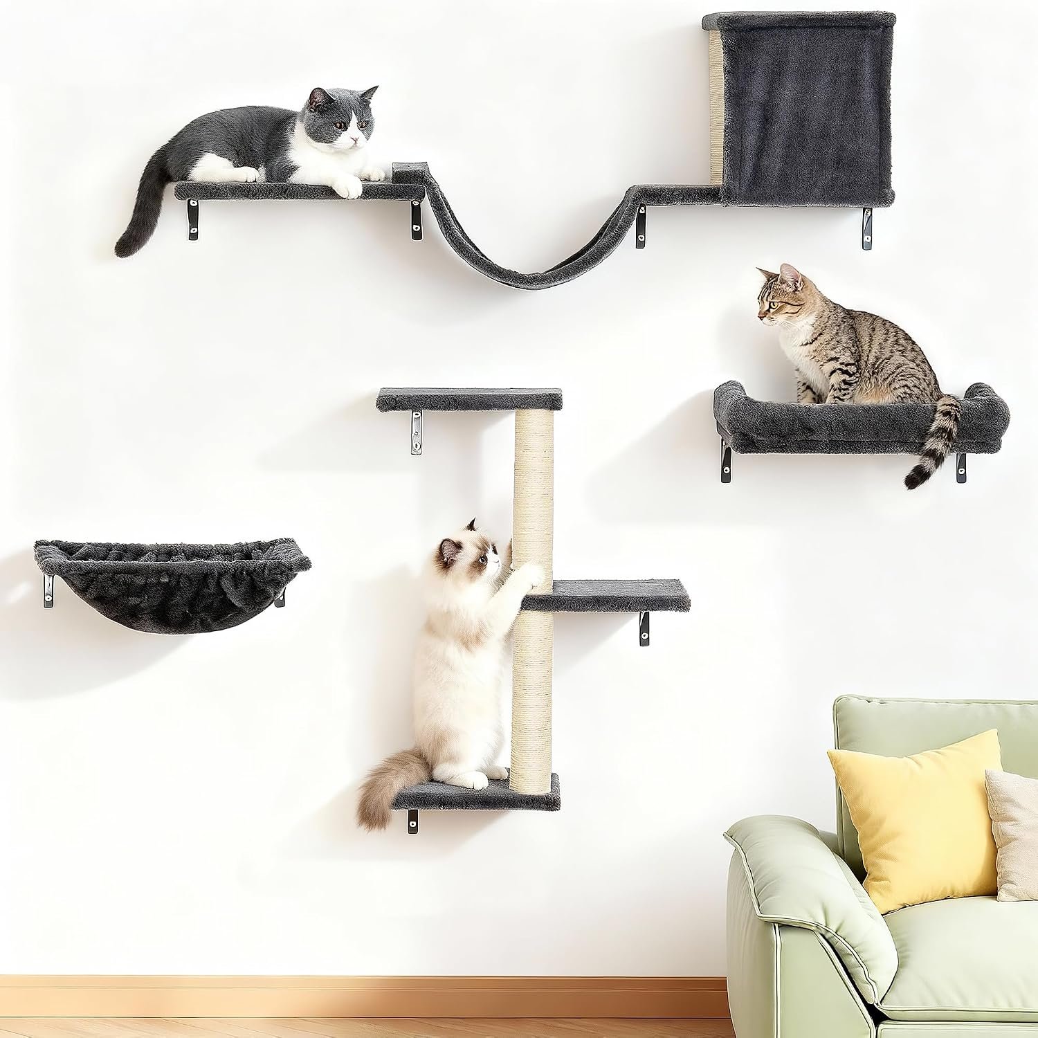 Aechonow Heavy Duty Cat Wall Shelves for Large Cats, 5-in-1 Cat Furniture | 17” Large Hammock and Perch Bed for Wall, 5-in-1 Wall-Mounted Cat Climbing Set for Multi-Room Use