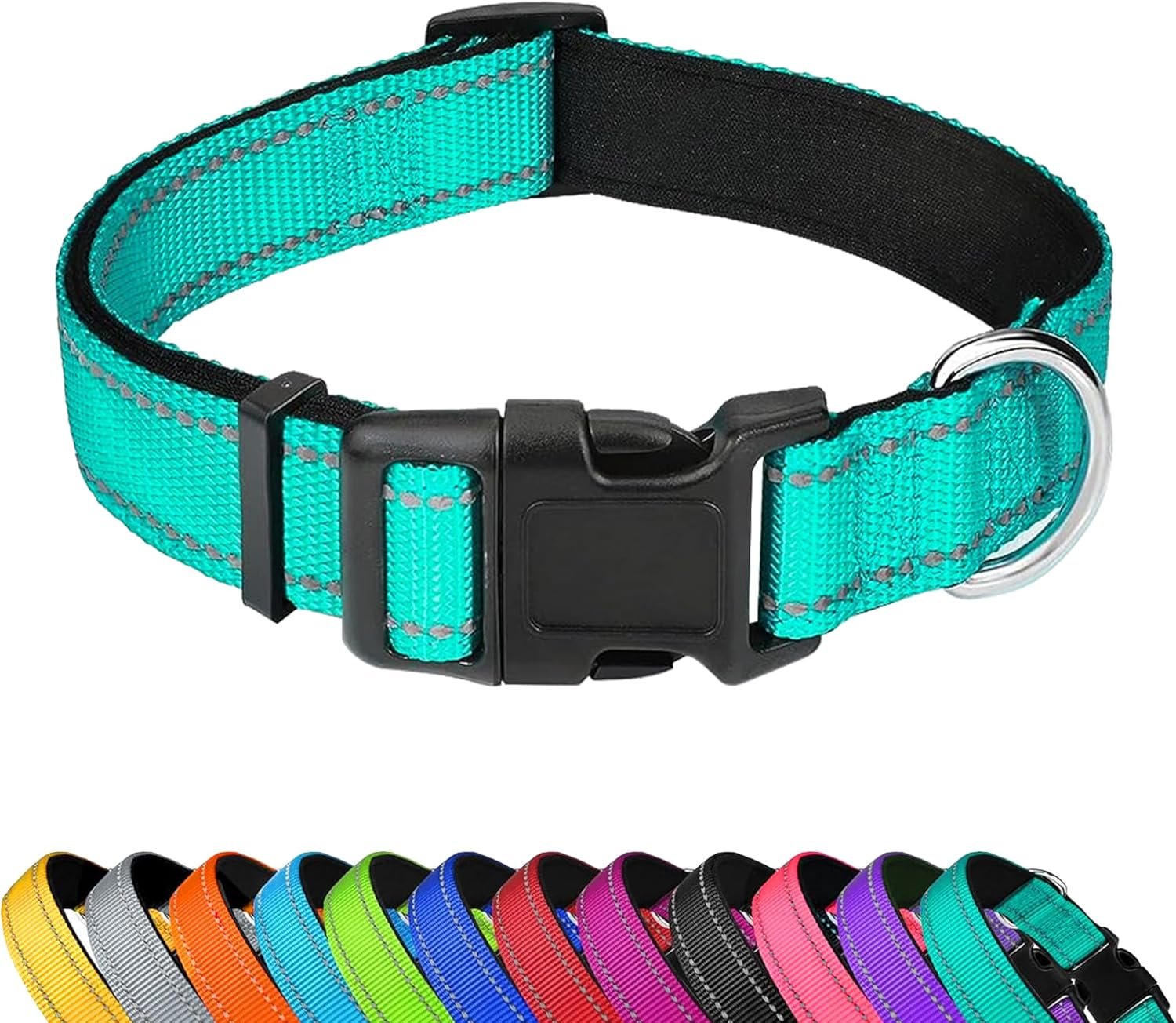 Reflective Dog Collar, Adjustable Soft Neoprene Padded,Teal,M | Breathable Nylon for Medium Dogs,Tear-Resistant Webbing,Chafe‑Free on Walks and Hikes,Metal D-Ring,Night Safety