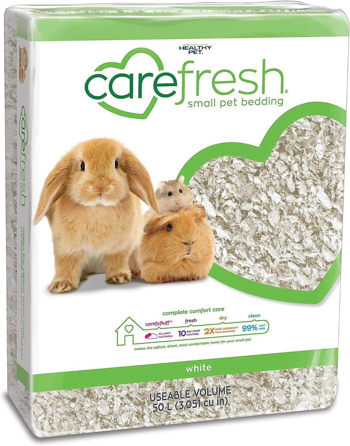 Carefresh White Natural Paper Small Pet Bedding, Odor Control 50L | 2X more absorbent, 99% dust free, odor control, Biodegradable and compostable, For hamsters, rabbits and guinea pigs