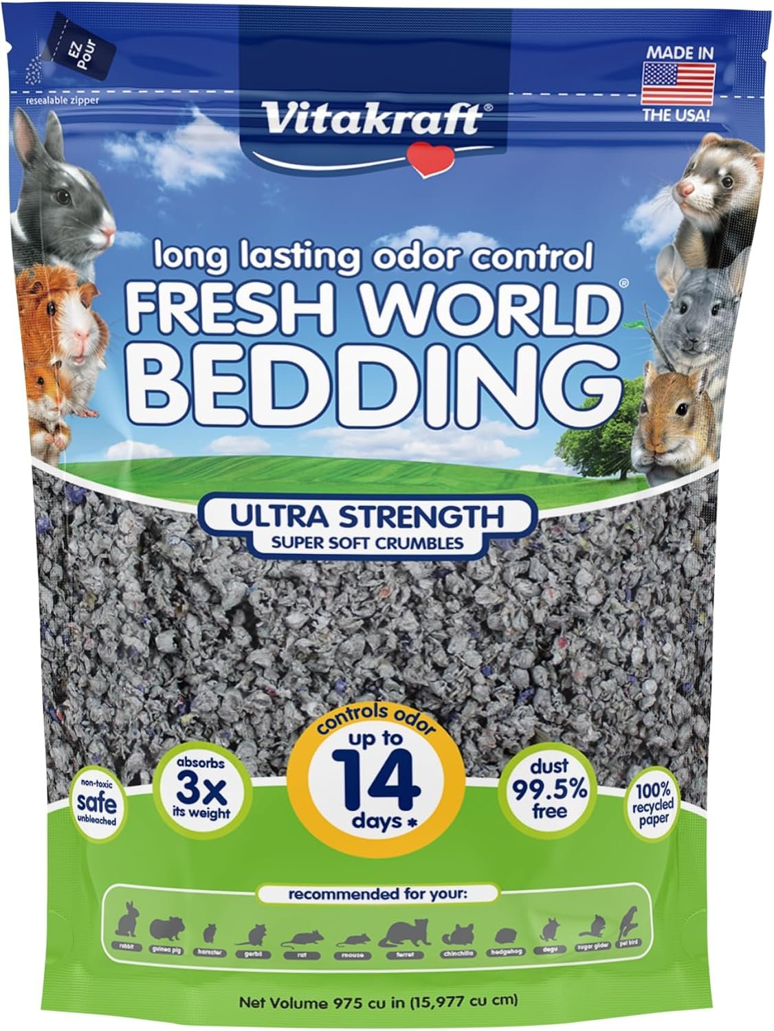 Vitakraft Fresh World Small Animal Bedding – Ultra Strength – Pet Bedding for Litter Boxes and Cages (16 L),Gray, 975 cu in