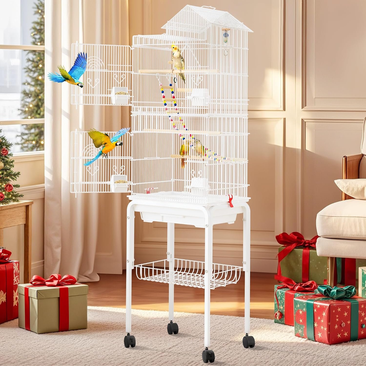 DWVO 62-inch Metal Bird Cage for Cockatiels, Parrots, Pigeons | Bird Cage for Cockatiels, Parrots, Pigeons, Lovebirds, Features Roof Access and Rolling Stand, White