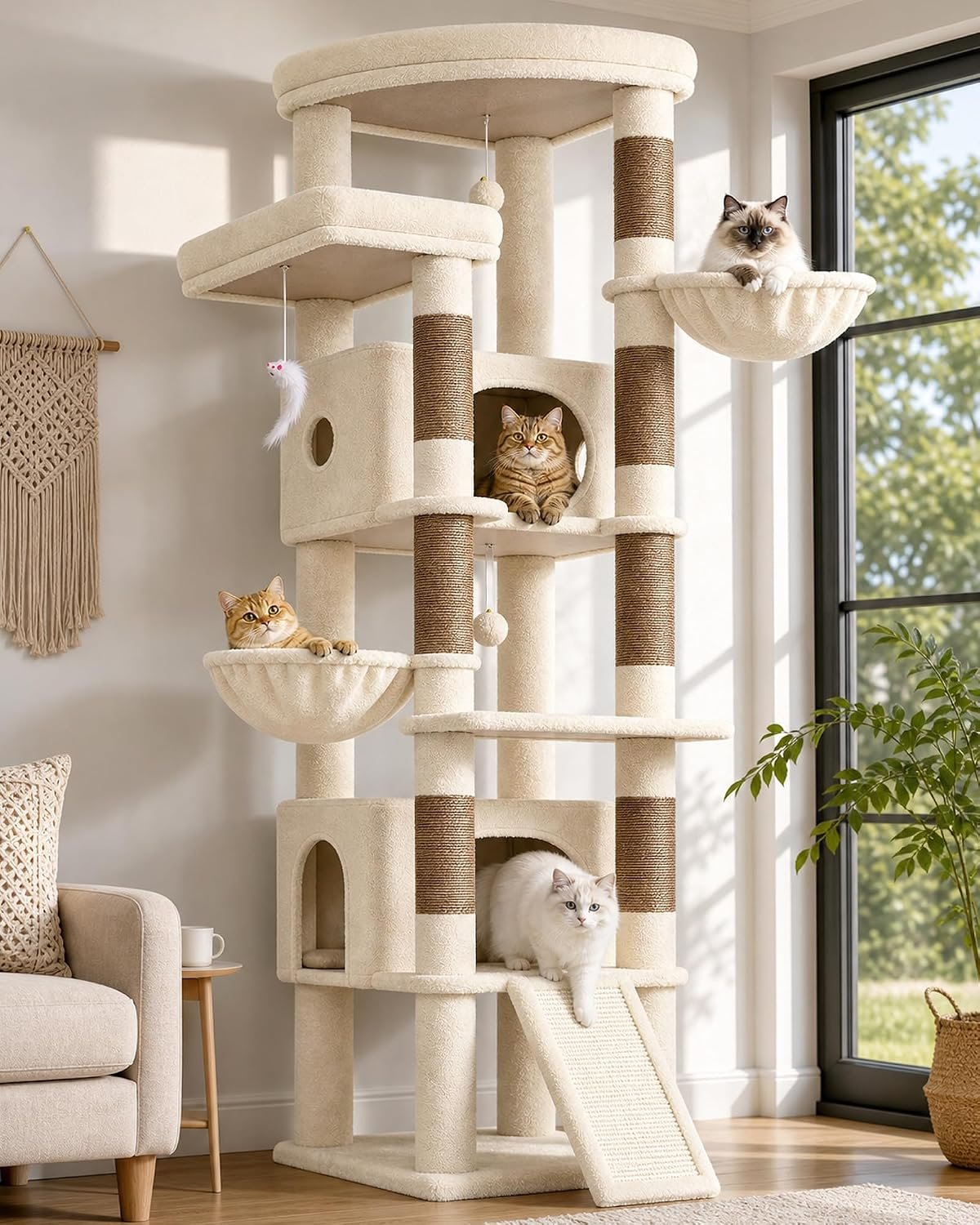 Globlazer Extra Large Heavy Duty Cat Tree, 80in Tall Sturdy Cat Tree Tower for Multiple Indoor Cats Large Adult with Scratching Posts, 2 Spacious Condos with Padding, 2 Soft Perches, S80C, Beige