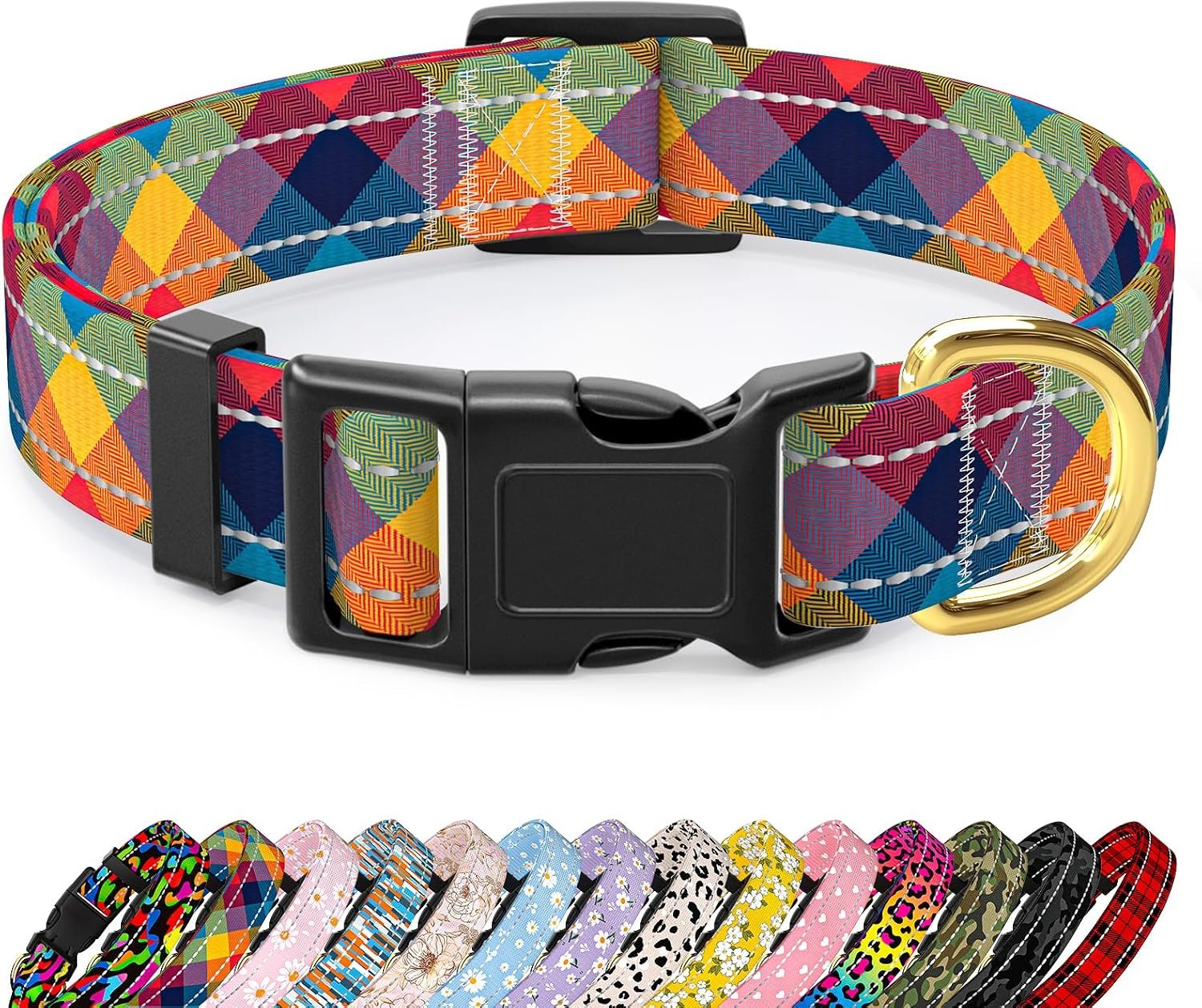 Reflective Adjustable Dog Collar for Medium Dogs, Colorful Tartan,M | Neck Fit 14-20″, Boho Print Design, Heavy Duty Breathable Nylon Puppy Collar for Walks and Outdoor Hikes, Soft Comfort Fit