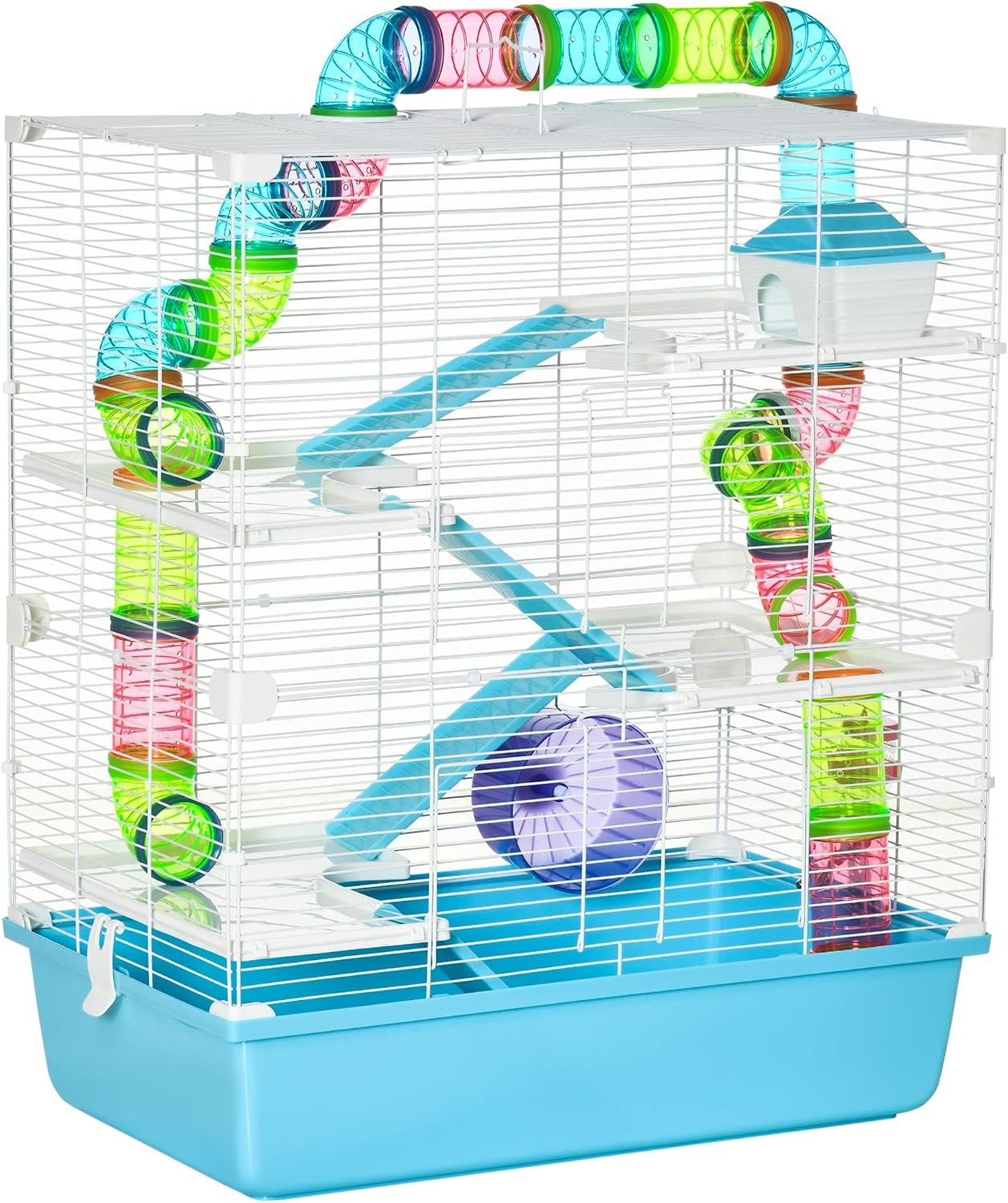 PawHut Extra Large 23″ Hamster Cage with Tubes and Tunnels, Portable Carry Handles, Rat House and Habitats Big 5-Tier Design, Mouse Cage Includes Exercise Wheel, Water Bottle, Food Dish, Light Blue | Portable Carry Handles, Rat House and Habitats, Big 5-Tier Design, Mouse Cage, Exercise Wheel, Water Bottle, Food Dish