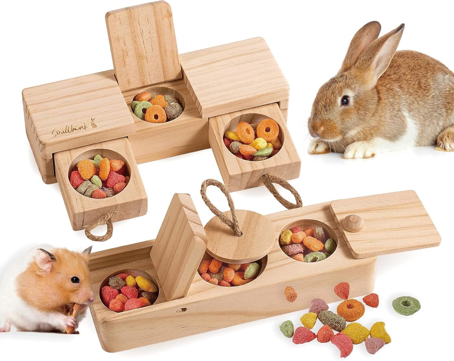 SoulThink® Interactive Wooden Pet Rabbit Toys – Sniff n’ Snack Bunny Chew Toys for Rabbit Treats, Suited as Guinea Pig, Hamster for Boredom, Bunny Toys for Rabbits Keep Busy (2 Sets)