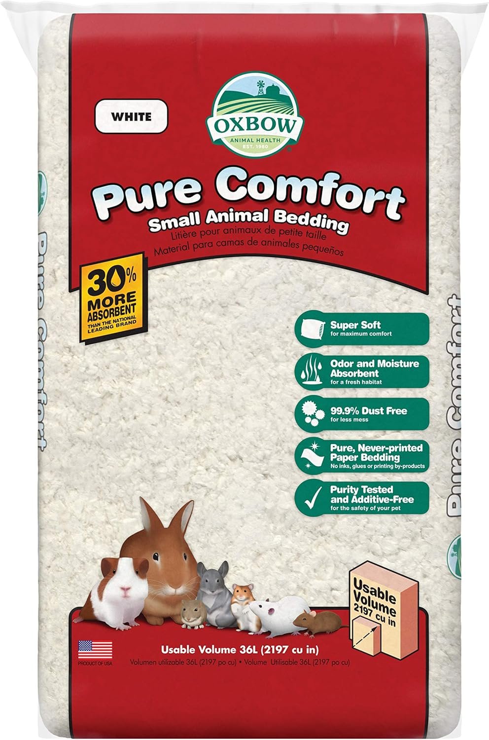 Oxbow Small Animal Bedding, Hamster, Guinea Pig, Rabbit, White, USA, 36 L | Pure Comfort, Hamster Bedding, Guinea Pig Bedding, Low Dust, Virgin Paper, Litter Box, Bunny, Rats, Gerbils, Chinchillas