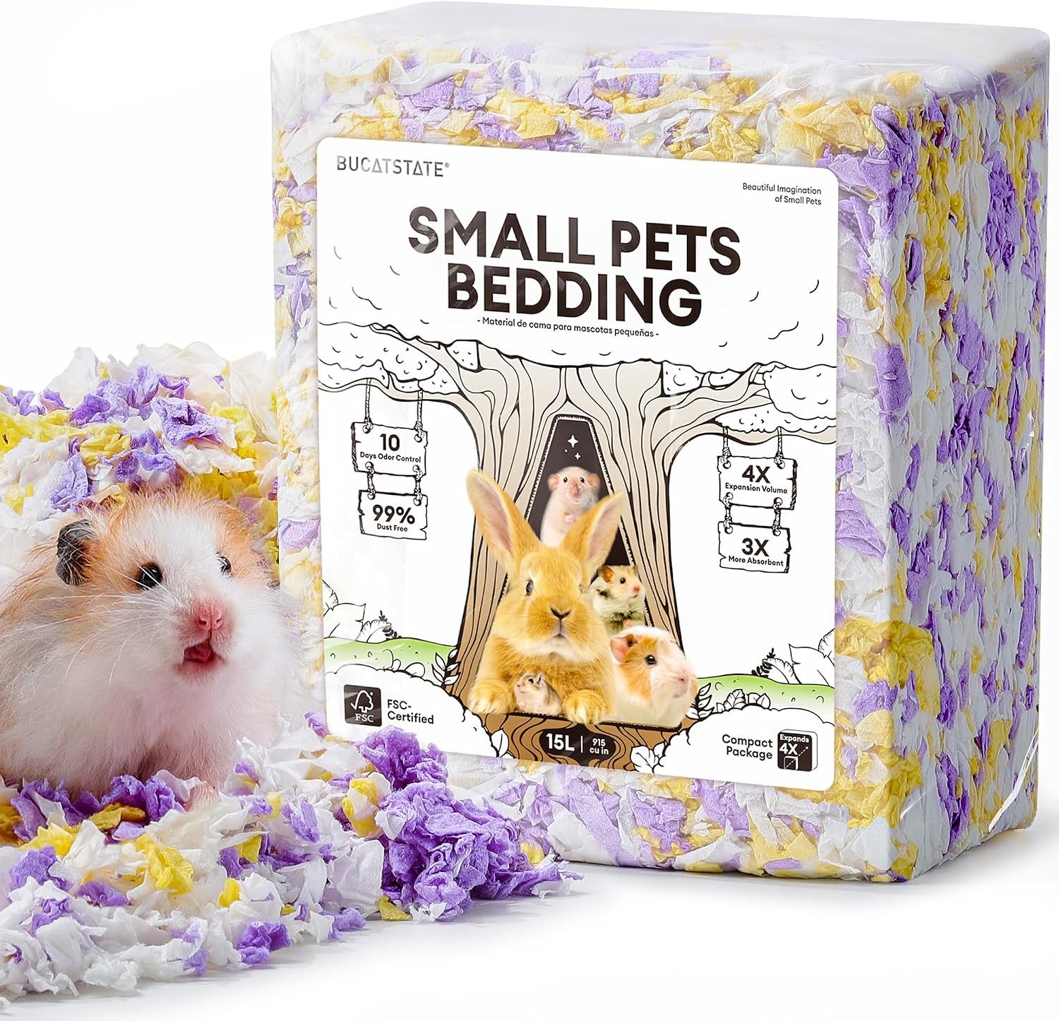 BUCATSTATE Hamster Bedding 15L, Truly 99% Dust-Free Small Animal Paper Bedding Odor Control, Cozy Hamster Litter for Rabbit Rat Syrian Dwarf Hamsters Gerbils (Sunrise Iris)