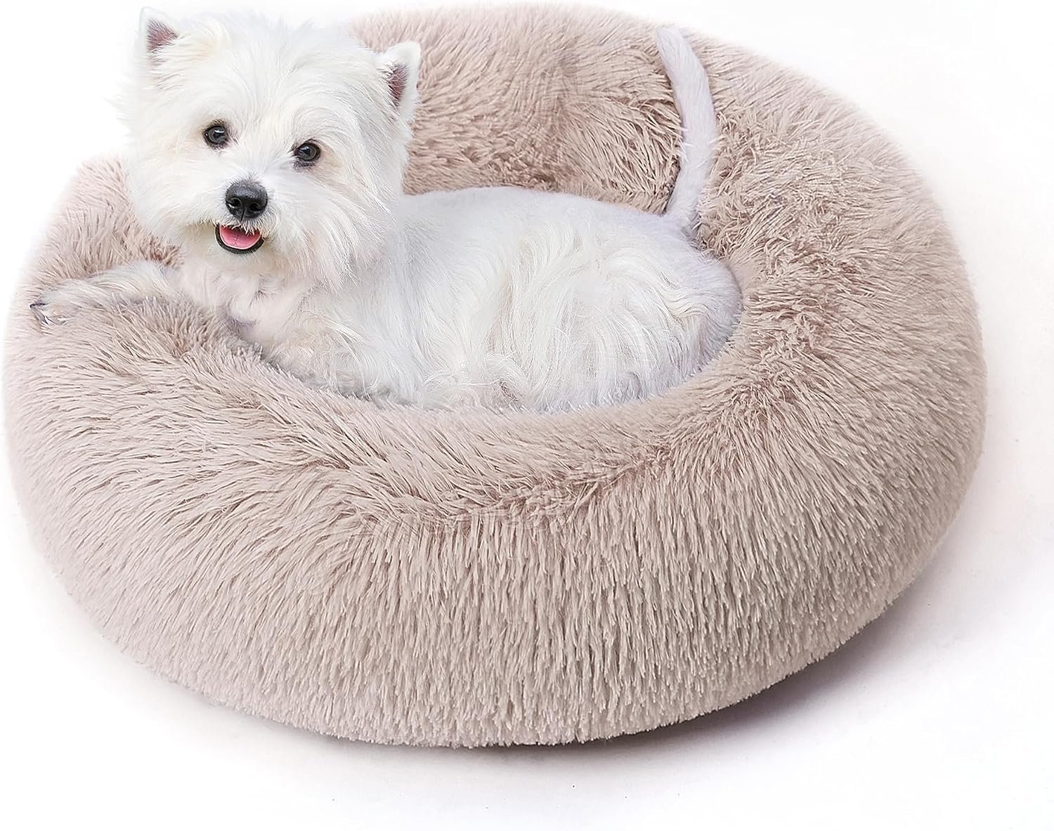 Calming Round Dog Bed & Cat Bed with Anti-Slip Bottom, Medium Size Washable Anti-Anxiety Donut Dog Beds for Small Dogs & Cats, Fluffy Plush Soft Dog Bed(24 Inch, Light Brown)
