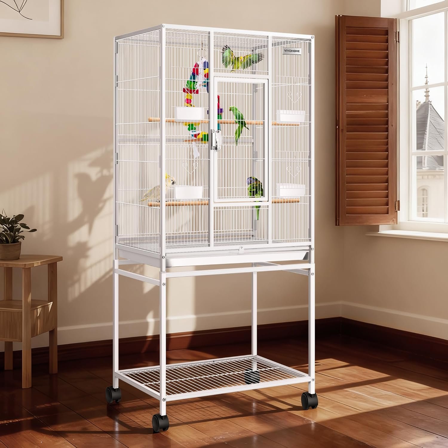 VIVOHOME 54 Inch Wrought Iron Large Bird Cage with Rolling Stand | Bird Flight Cage with Stand, Casters, Slide-out Tray for Parakeets Canaries Parrot Cockatiels Lovebirds Conures, Whtie