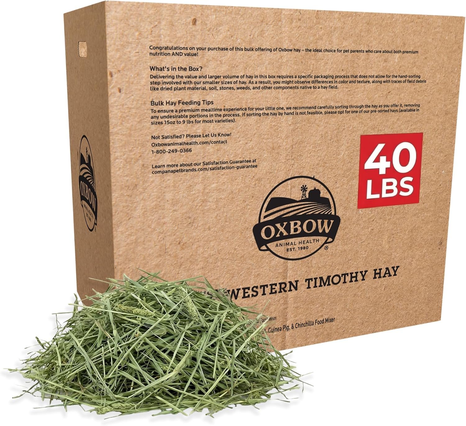 Oxbow Western Timothy Hay, Rabbit & Guinea Pig Hay, High Fiber, USA, 40 lb | Oxbow Timothy Hay, Bunny Hay For Rabbits, Guinea Pigs, Bunnies and Chinchillas, Hand-Sorted, De-Dusted, Made in USA