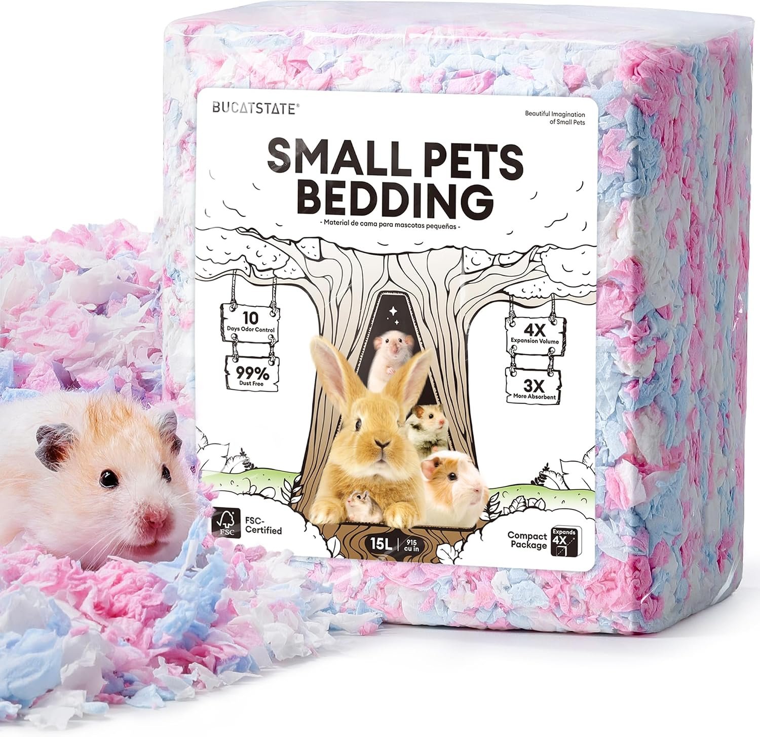 BUCATSTATE Hamster Bedding 15L, Truly 99% Dust-Free Small Animal Paper Bedding Odor Control, Cozy Hamster Litter for Rabbit Rat Syrian Dwarf Hamsters Gerbils (Cotton Candy)
