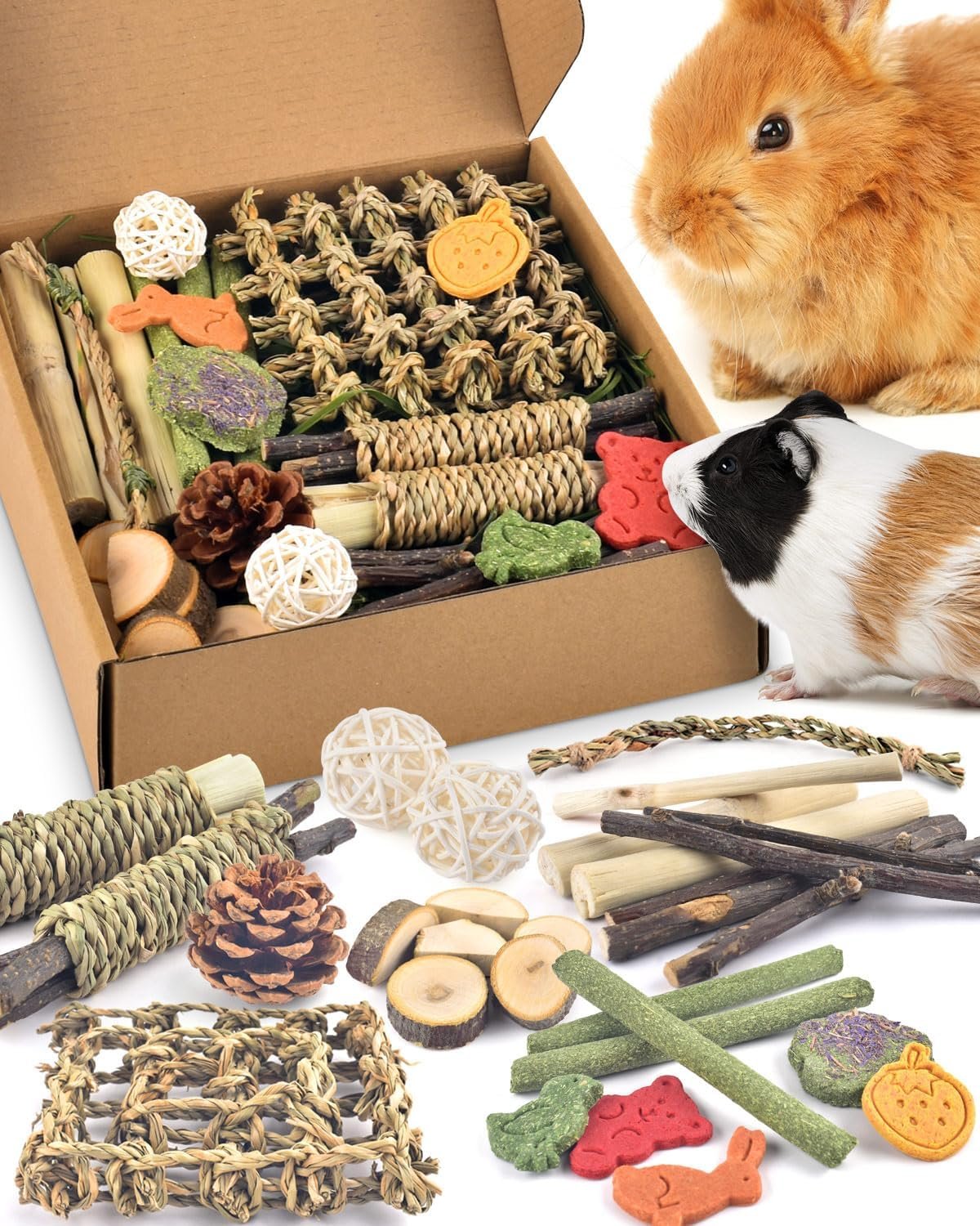 Bissap Rabbit Chew Toy, Natural Bunny Treats Snacks with Timothy Hay Water Grass Mat Chewing Bamboo Apple Sticks Box for Guinea Pigs Chinchillas Hamsters Gerbils and Other Small Pets Teeth Grinding