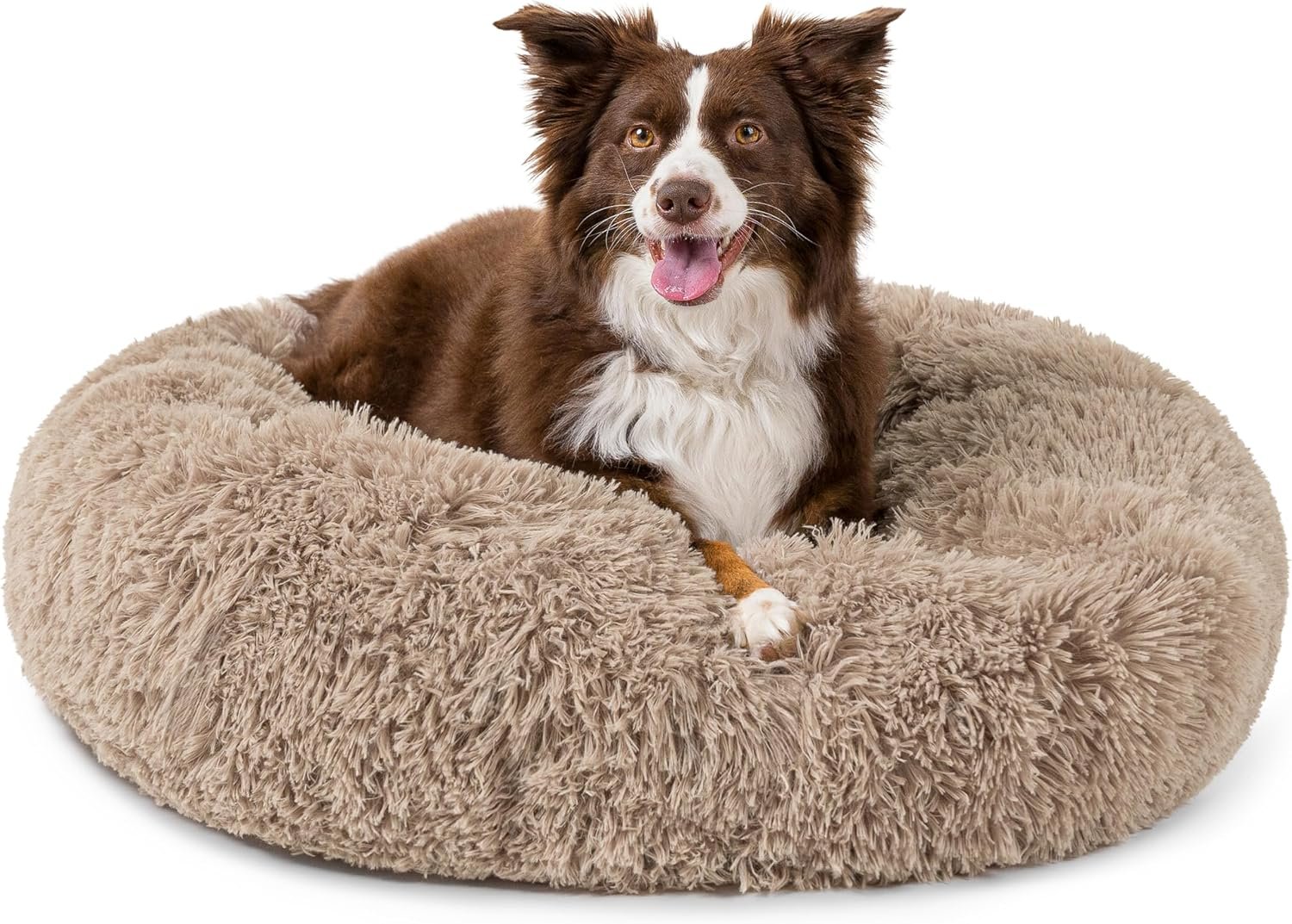 PetAmi Calming Donut Dog Bed, Washable Faux Fur, 30 Inch Medium, Taupe | Warm Shaggy Faux Fur and A Deep Nest Help Anxious Pets Curl Up and Sleep Soundly. Perfect for Puppies, Cats, and Rescues.