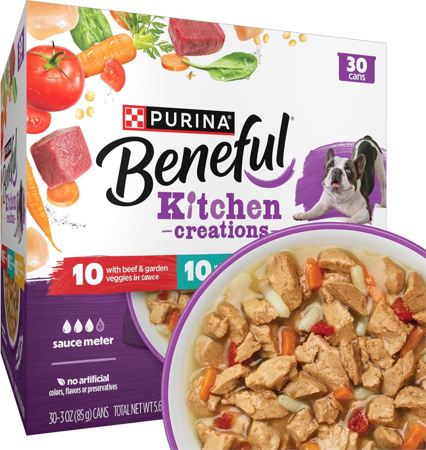 Purina Beneful Kitchen Creations Wet Dog Food Variety Pack, (30) 3 oz Cans | Real beef, chicken or lamb with vegetables, grains, and pasta, bite-sized tender chunks in a savory sauce