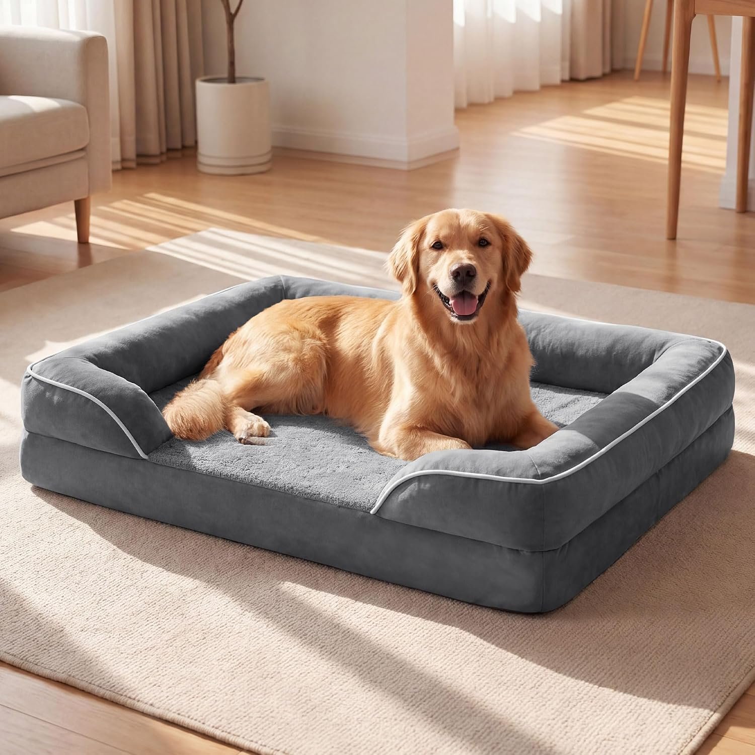 Orthopedic Dog Beds for Extra Large Dogs, Heavy Duty Waterproof Dog Couch Bed, High-Density Joint Support Foam, Washable Cover & Anti-Slip Bottom, XL-Deluxe Thick Grey