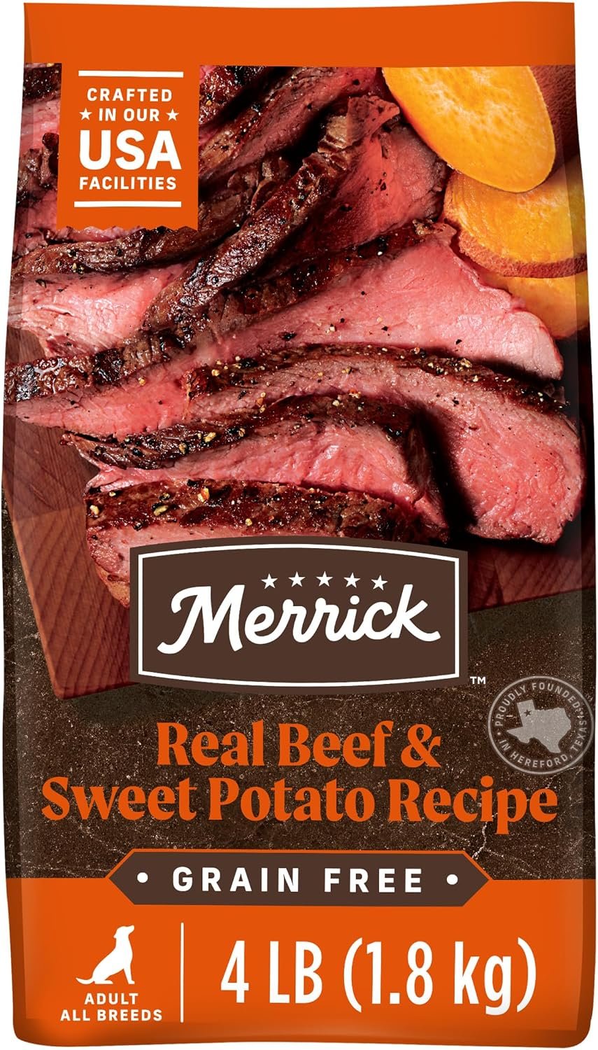Merrick Premium Grain Free Dry Adult Dog Food, Wholesome and Natural Kibble, Real Beef and Sweet Potato – 4.0 lb. Bag