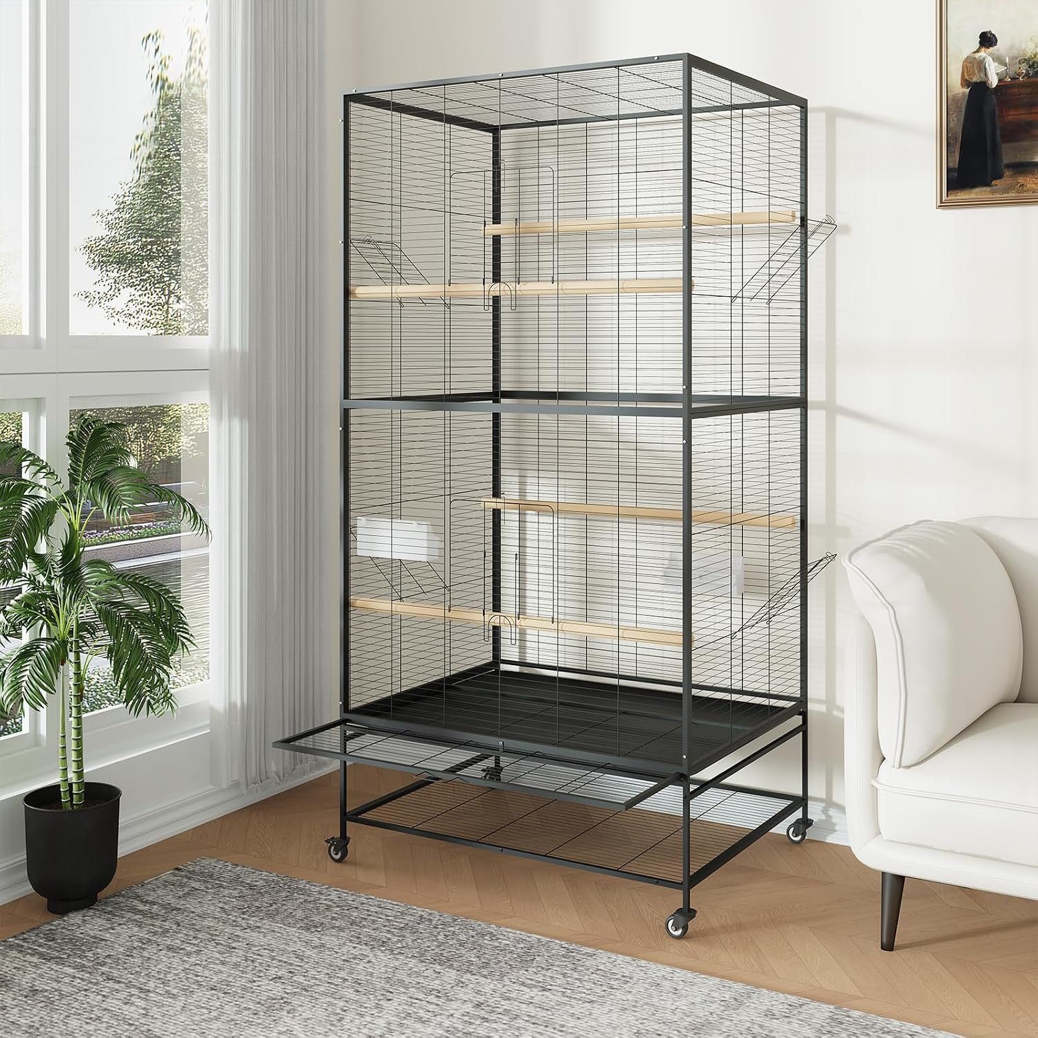 GarveeHome 66 Inch Large Bird Cage, Bird Cage with Rolling Storage Stands, Feed Bowls, Wide Tall Parrot Cage for Parakeets, Conures, Cockatiel, Cockatoo