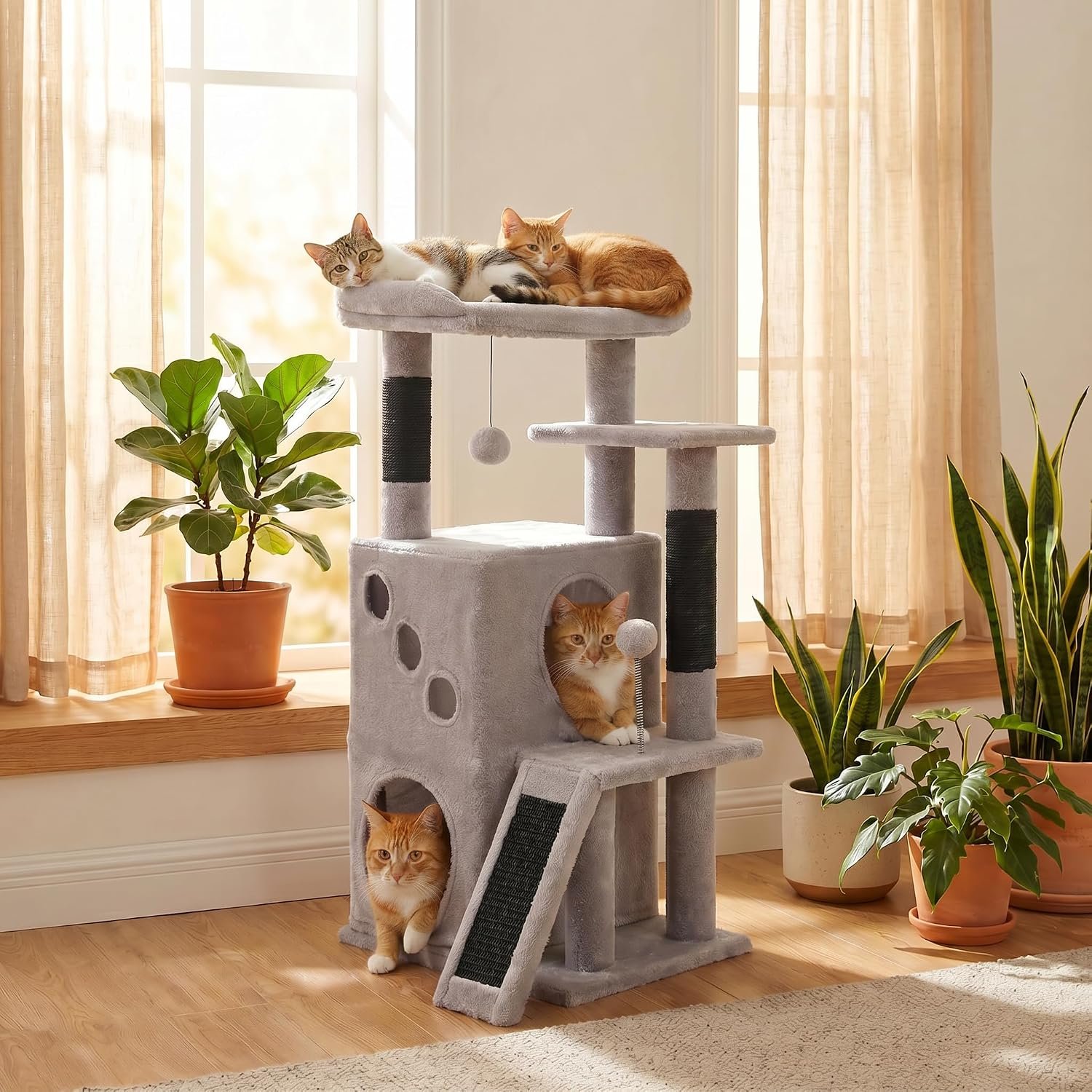 PETEPELA Cat Tree for Indoor Cats, 34.6″ Small Cat Tower with Scratching Posts, 2 Condos, Scratching Ramp & Dangling Toys, Cat Play House for Kittens and Small Cats, Black | Compact 34.6-inch tower with 2 cozy condos, sisal scratch ramp & posts, dangling toys; right-sized for kittens & small cats