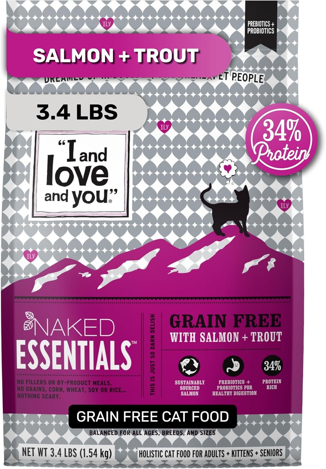 I and love and you Naked Essentials Dry Cat Food – Salmon + Trout – Grain Free, Real Meat, No Fillers, Prebiotics + Probiotics, 3.4lb Bag