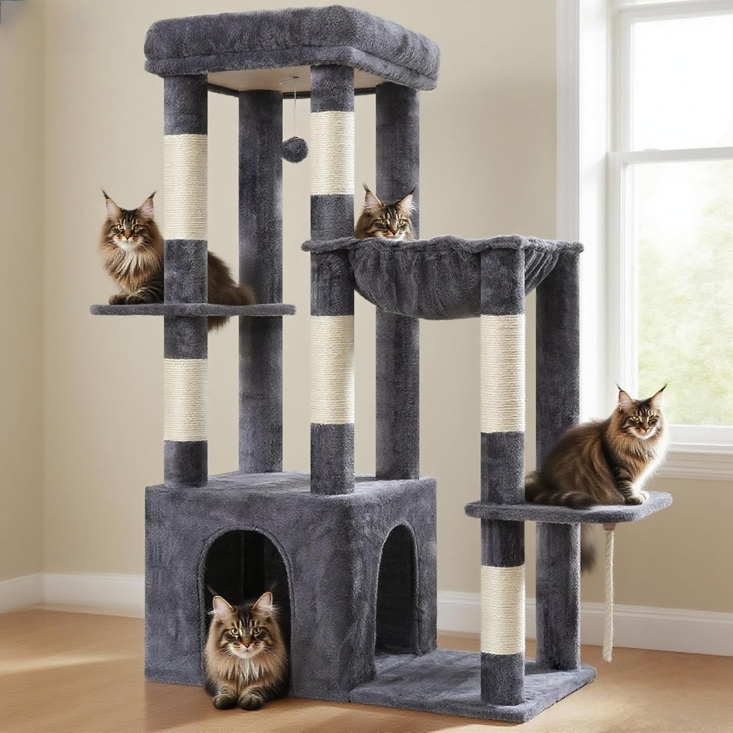 Heybly Heavy Duty Cat Tree with Large Base for Large Indoor Cats HCT026G | Cat Tower with Scratching Posts, Tall Cat Condo House , Multi-Level Plush Furniture with Hammock & Toy Balls, Smoky Gray