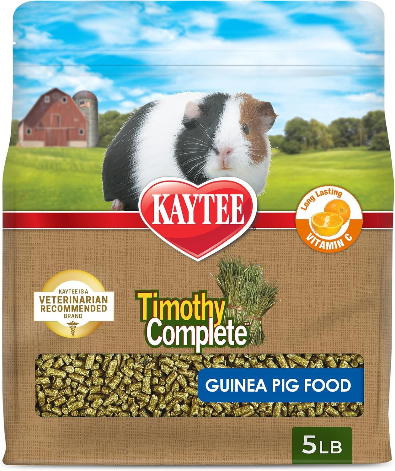 Kaytee Timothy Complete Guinea Pig Food, Made with Timothy Hay, High in Fiber, Supports Dental Health and Digestion, Long-lasting Vitamin C, 5 pounds