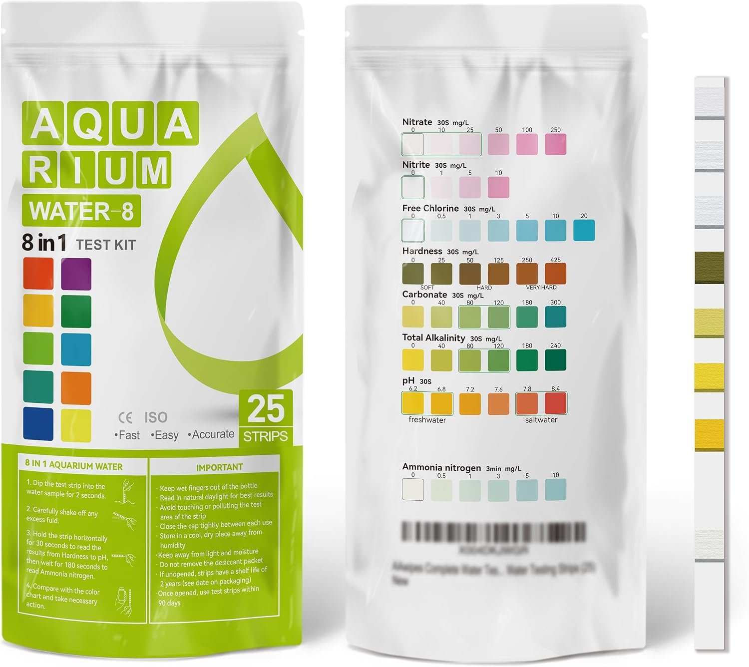 AAwipes Aquarium Ammonia Test Strips 8-in-1 |25 Strips | Quick & Accurate Water Testing Test pH, Ammonia, Alkalinity, Hardness, Chlorine, Nitrite, etc. (K02-25)