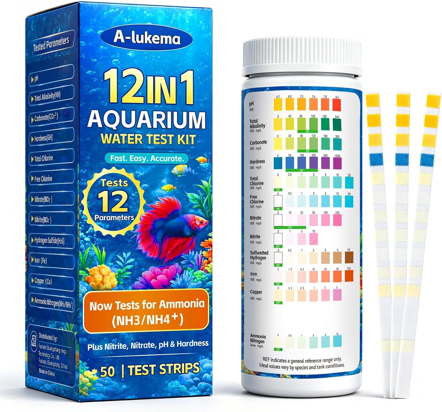 12-in-1 Aquarium Test Strips with Ammonia, Fish Tank Water Testing Kit | Aquarium Water Test Kit, Fish Tank Test Strips and Water Test Kit for Fish Tank; Detects Hydrogen Sulfide, Nitrate and More